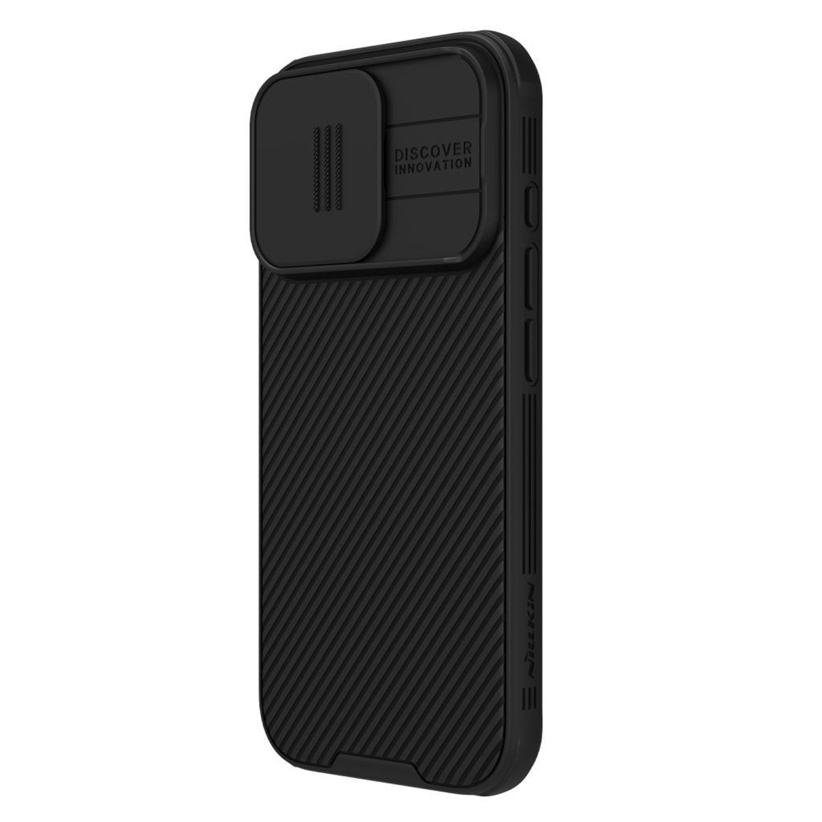 Una custodia per telefono nera con una copertura per la fotocamera. Lo sfondo è bianco.