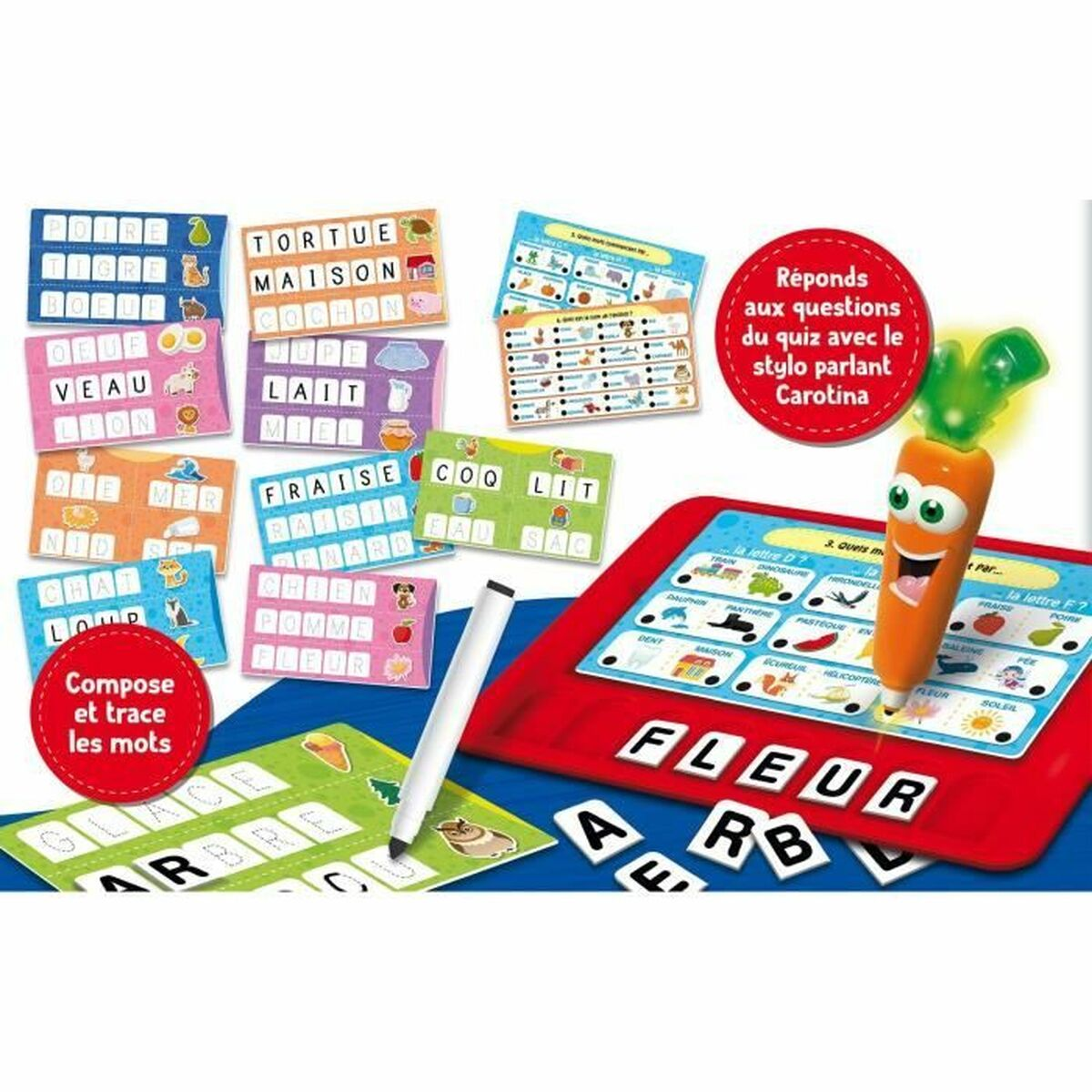 Gioco con schede di parole, un tablet rosso e una penna a forma di carota. Lettere e parole visibili.