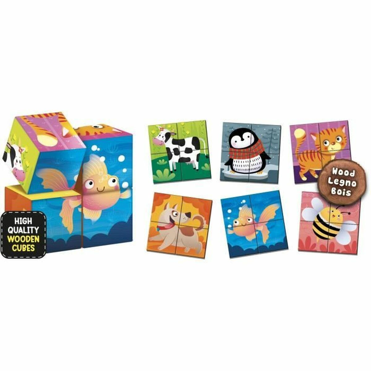 Un gioco con cubi e pezzi di puzzle che mostrano animali e scene. Sfondo bianco.