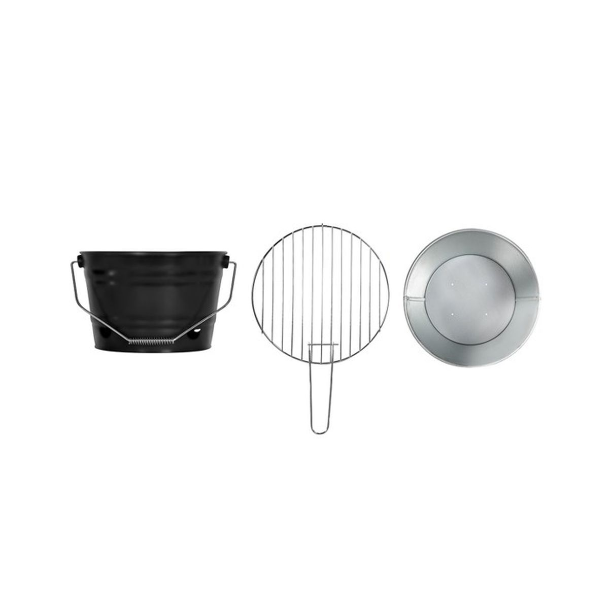 A black bucket grill with a handle, a grill grate, and a silver lid on a white background.