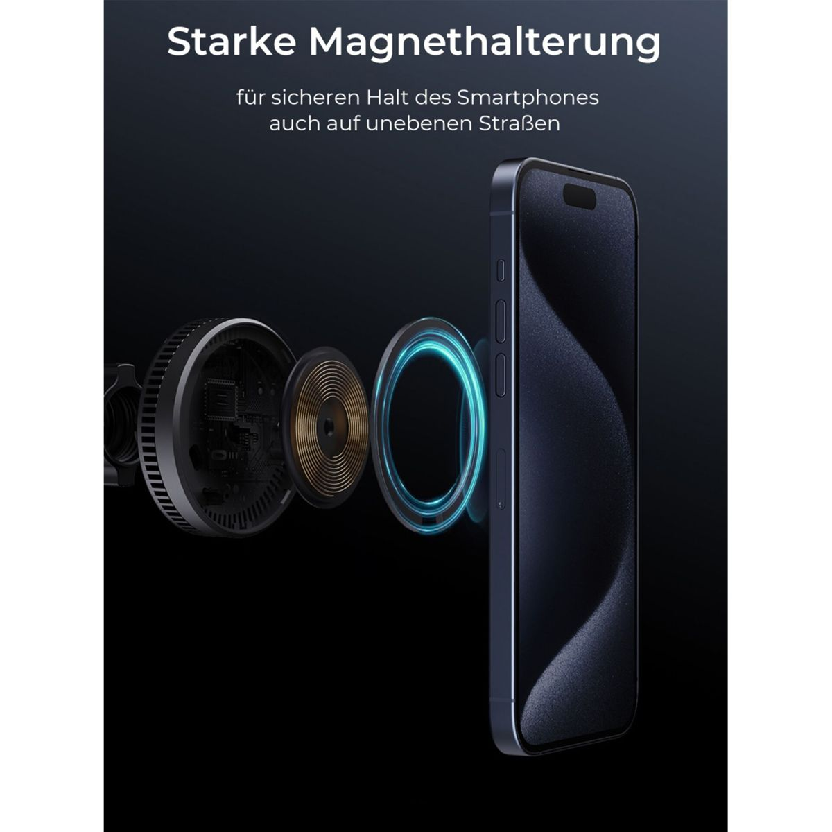 Diagramm einer Autotelefonhalterung, das die inneren Komponenten und ein Telefon zeigt.