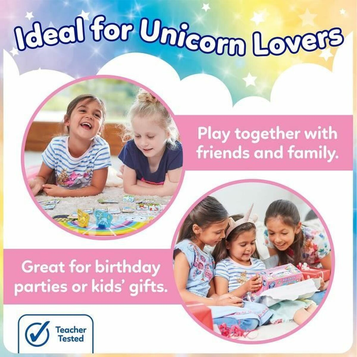 Tre ragazze guardano un gioco. Il testo recita: Ideale per gli amanti degli unicorni, Gioca insieme, Ottimo per i compleanni.