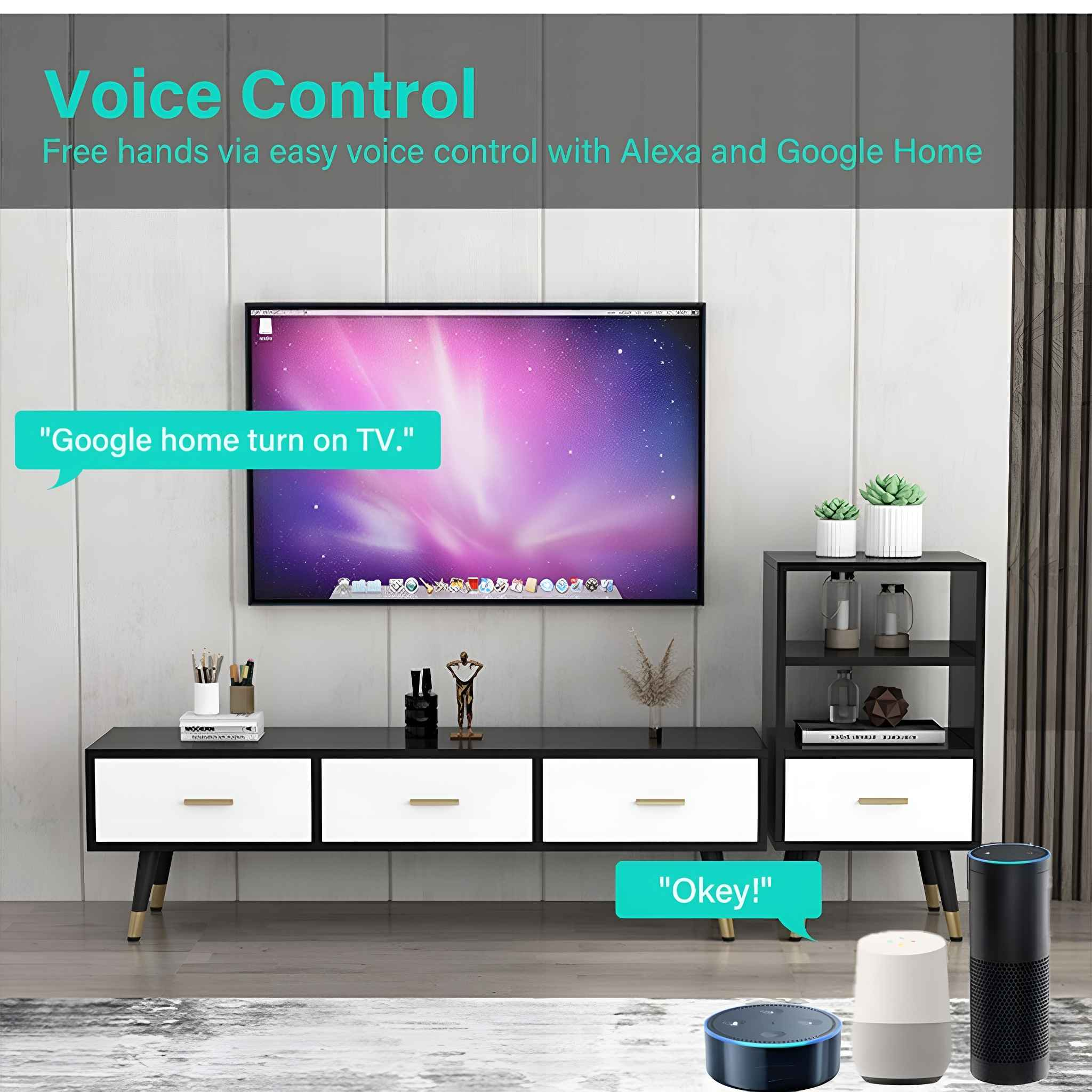 Ein modernes Wohnzimmer mit Fernseher und intelligenten Lautsprechern. Sprachbefehle werden angezeigt.