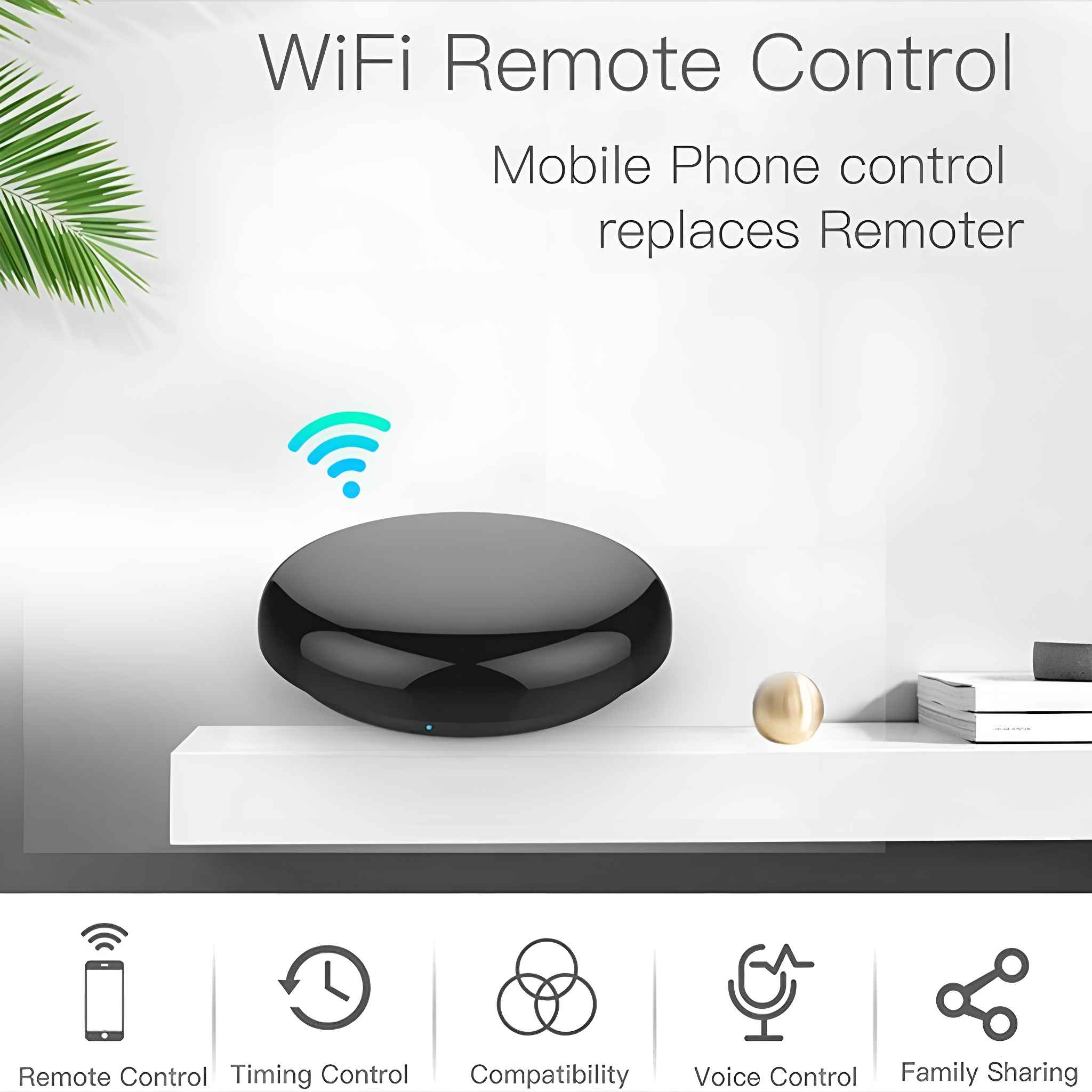 Ein Fernbedienungsgerät mit WLAN-Signal. Symbole zeigen Mobiltelefon, Timer, Kompatibilität, Sprachsteuerung und Freigabe.