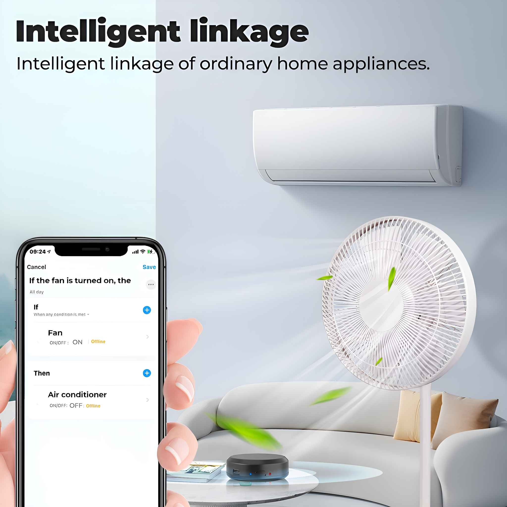 Eine Person benutzt ein Telefon, um einen Ventilator und eine Klimaanlage zu steuern. Das Setup zeigt Smart-Home-Integration.