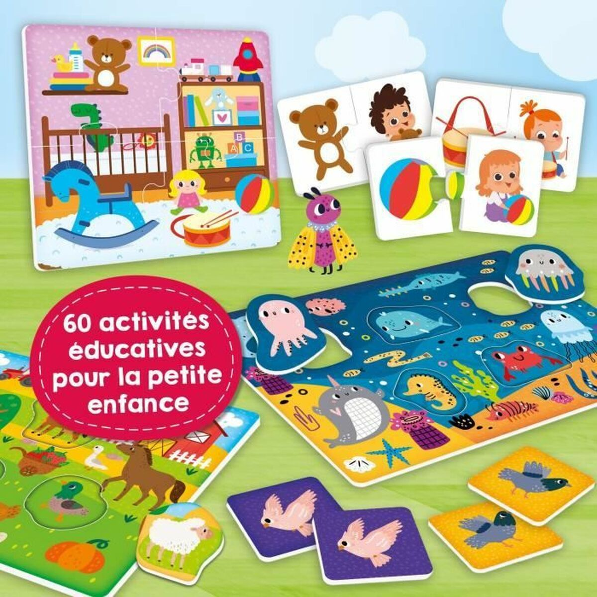 Carte da gioco con immagini colorate di giocattoli e animali. Vengono visualizzate varie forme e colori.