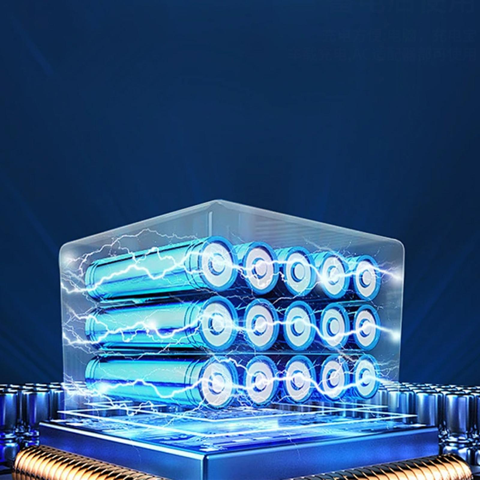 Batterien in einer transparenten Box. Blaue Blitze umgeben die Batterien. Der Hintergrund ist dunkelblau.