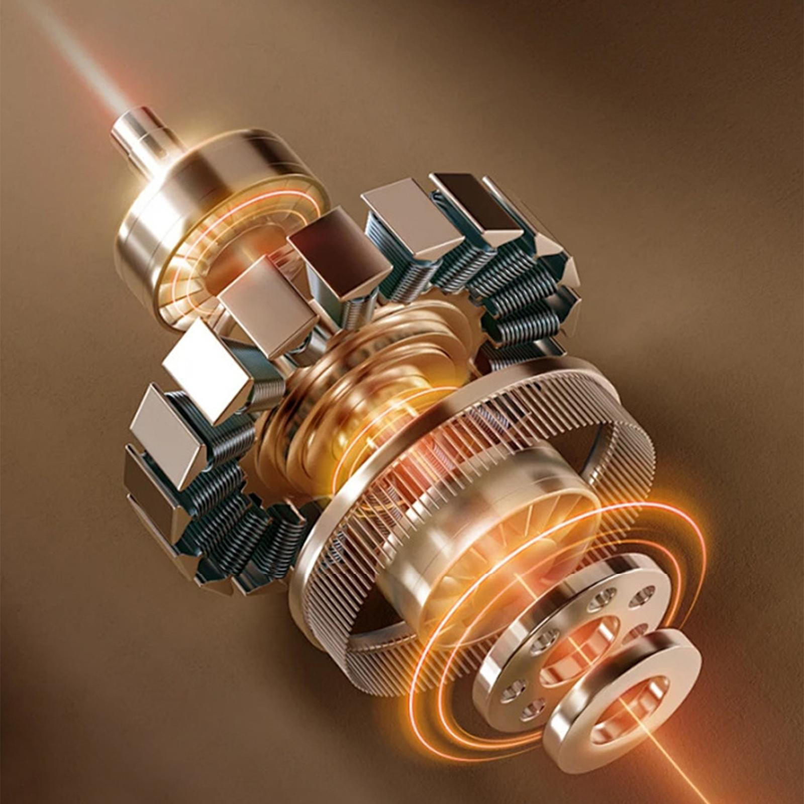 Innere Teile einer Maschine werden angezeigt. Der Hintergrund ist hellbraun. Die Maschine besteht aus Gold und Silber.
