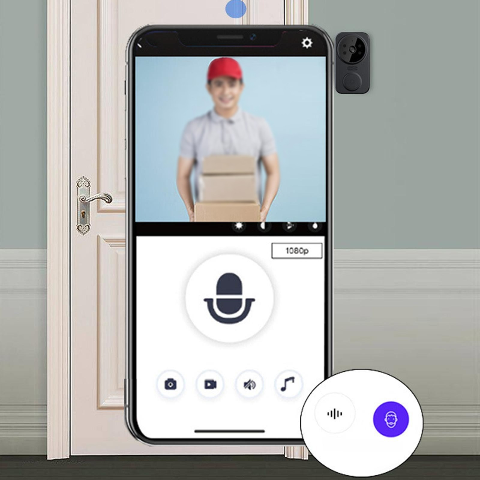 Eine Person telefoniert mit einem Videoanruf. Das Telefon zeigt einen Mann, der Pakete liefert. Die Türklingel wird oben angezeigt.