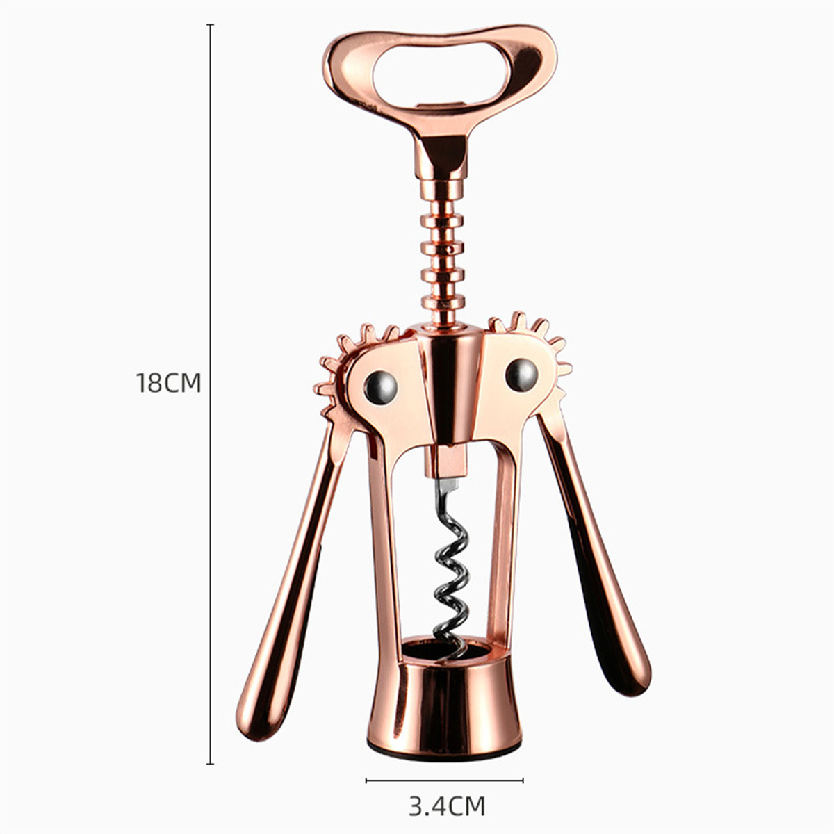 Ein roségoldener Weinöffner mit den Maßen 18 cm hoch und 3,4 cm breit, auf weißem Hintergrund.