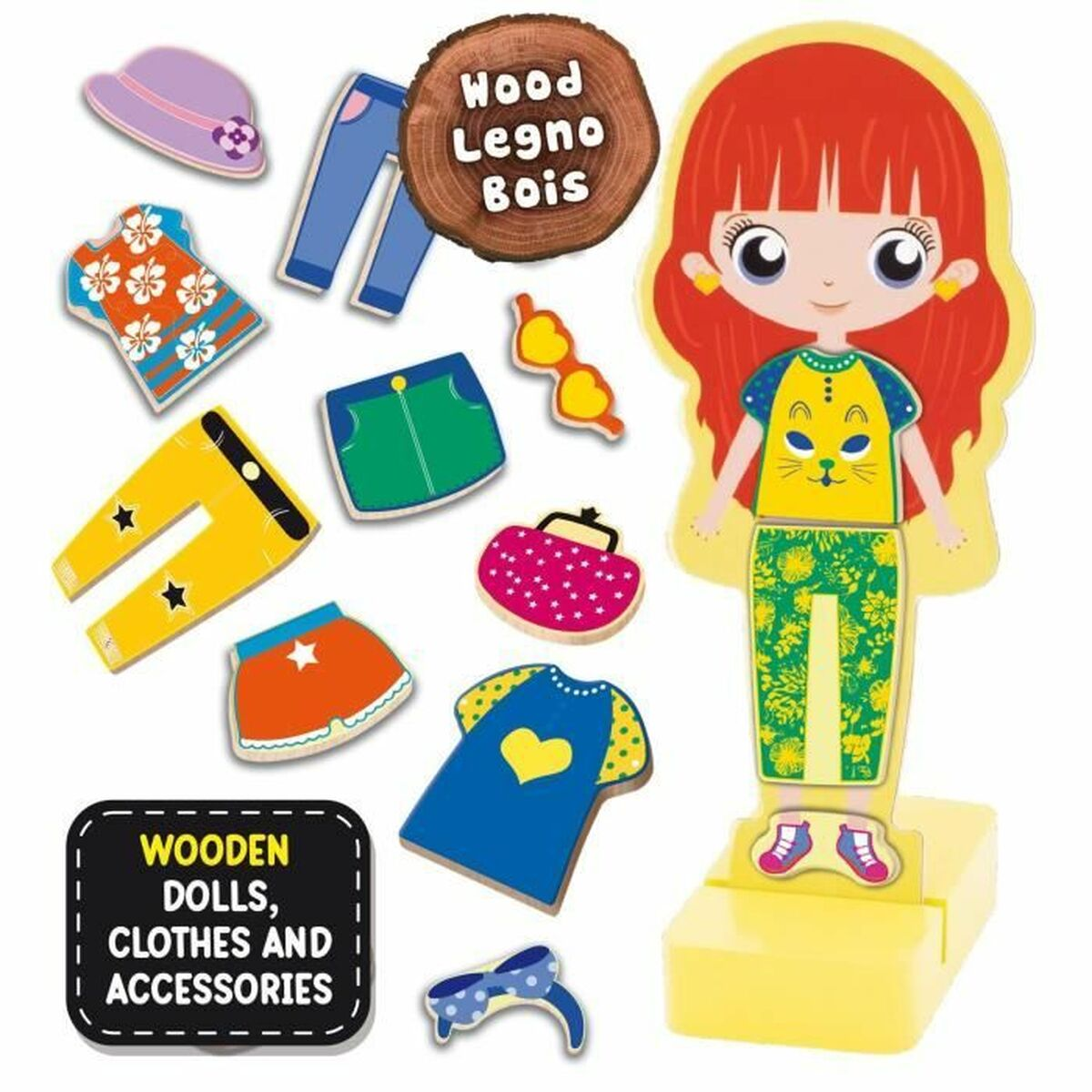 Una bambola di legno con vestiti e accessori come camicie, pantaloni, gonne, occhiali e un cappello.