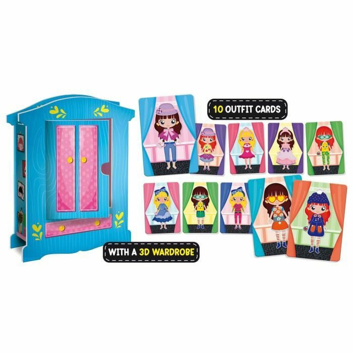 Un guardaroba 3D con 10 carte outfit con una bambola in vari abiti. Guardaroba blu con ante.