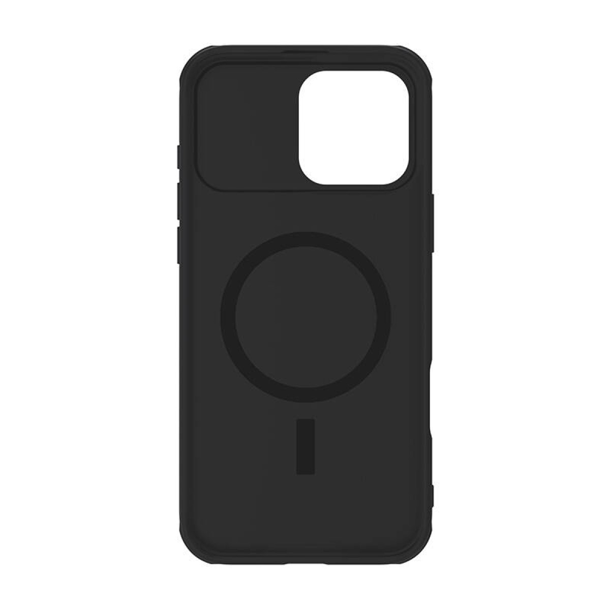 Custodia nera per telefono con ritaglio fotocamera e cerchio MagSafe.