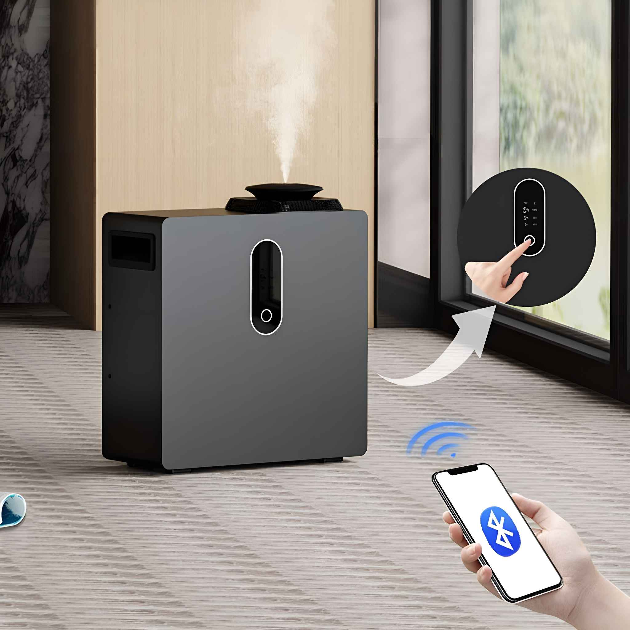 Ein schwarzer Luftreiniger, eine Hand, die ein Telefon hält, und ein Bluetooth-Symbol.