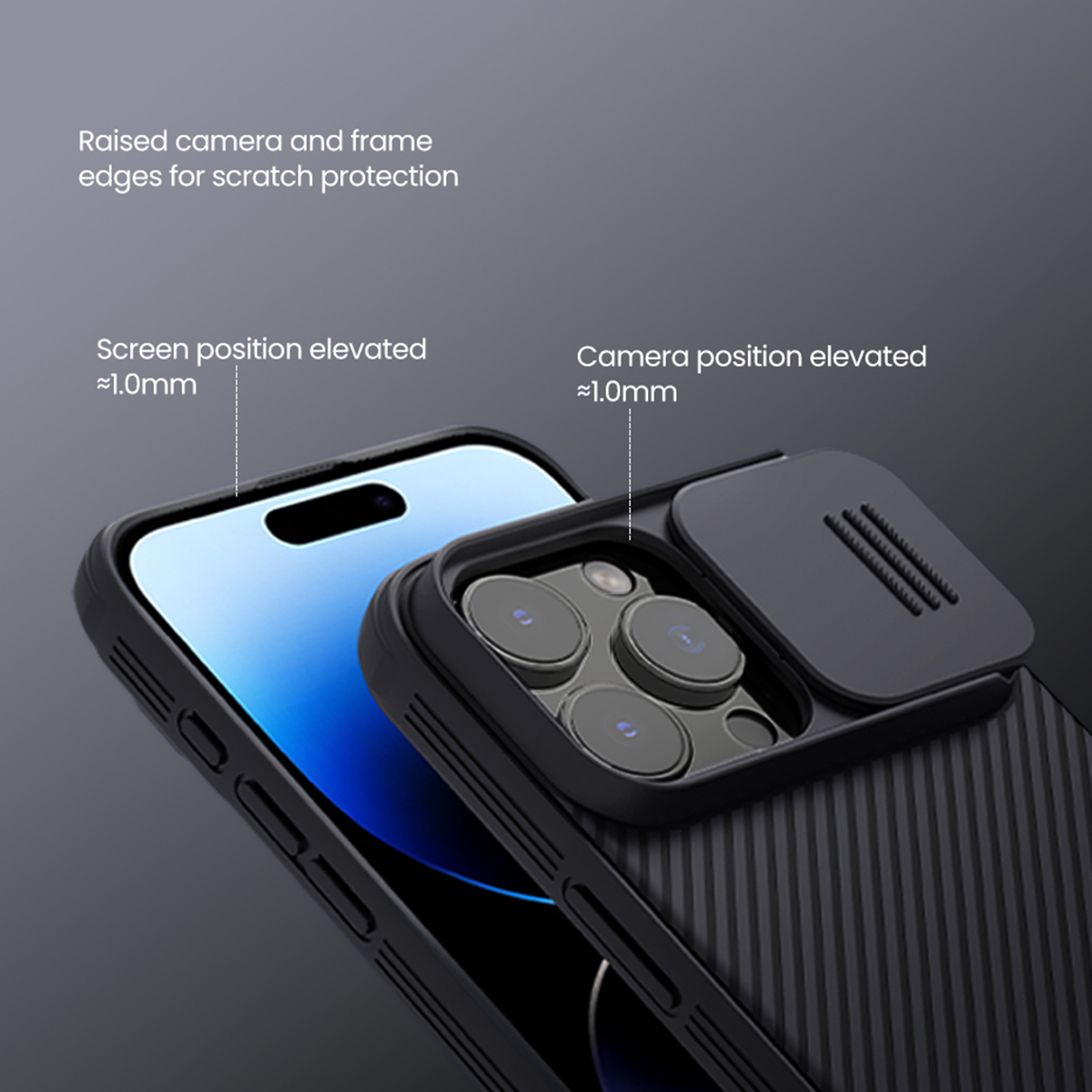 Primo piano di custodia nera con protezione fotocamera. Testo indica posizioni schermo e fotocamera.