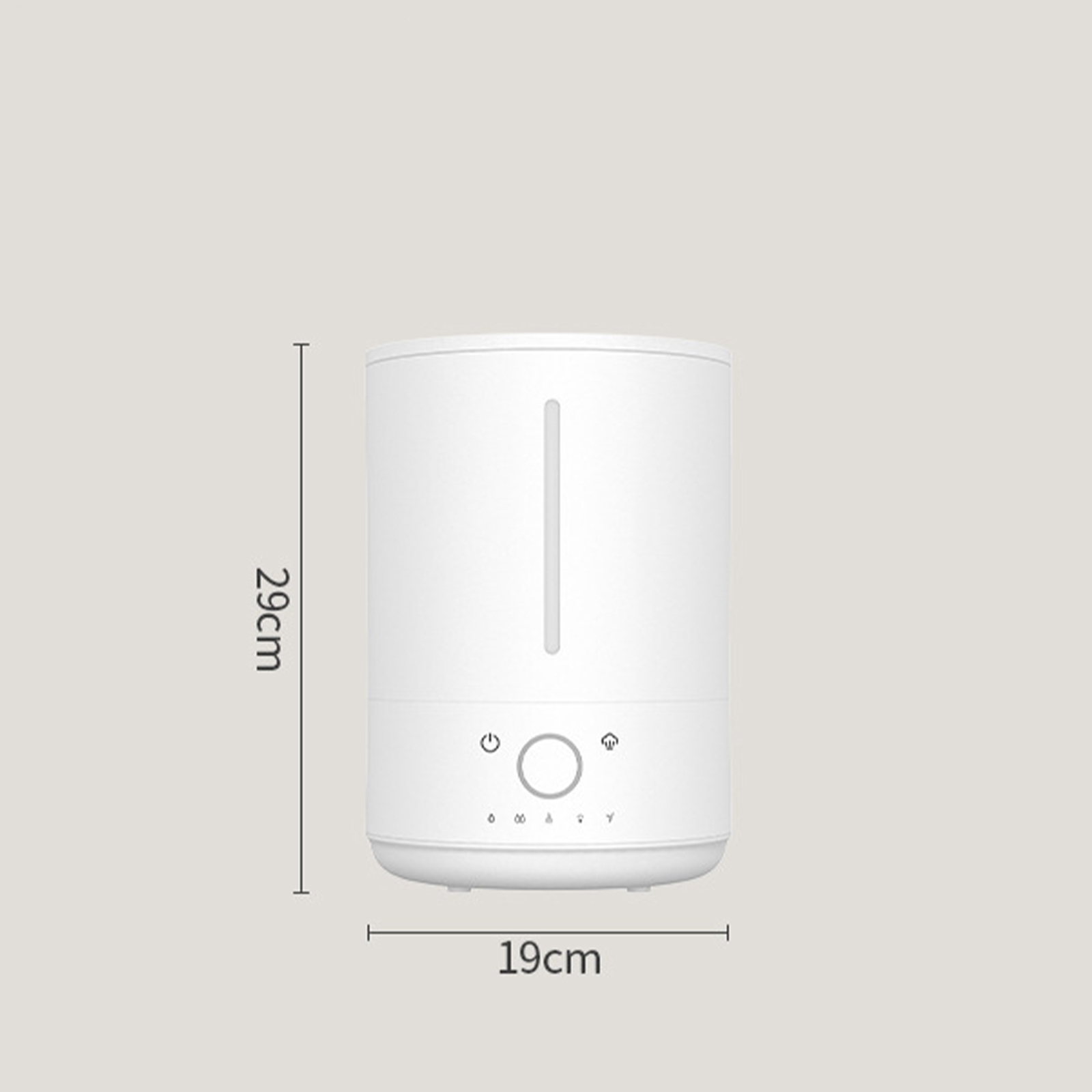 Ein weißer Luftbefeuchter mit Abmessungen. Die Höhe beträgt 29 cm, die Breite 19 cm. Beiger Hintergrund.