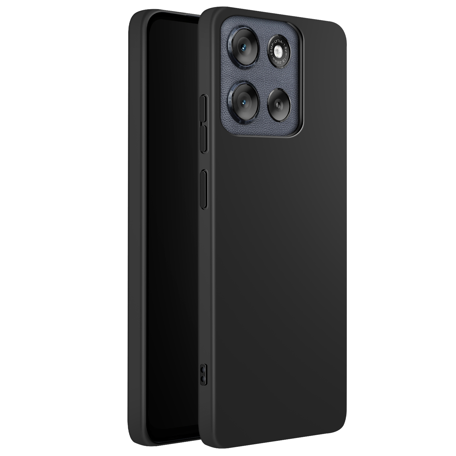 Eine schwarze Smartphone-Hülle. Die Rückseite hat Kameralinsen. Die Hülle ist glatt.