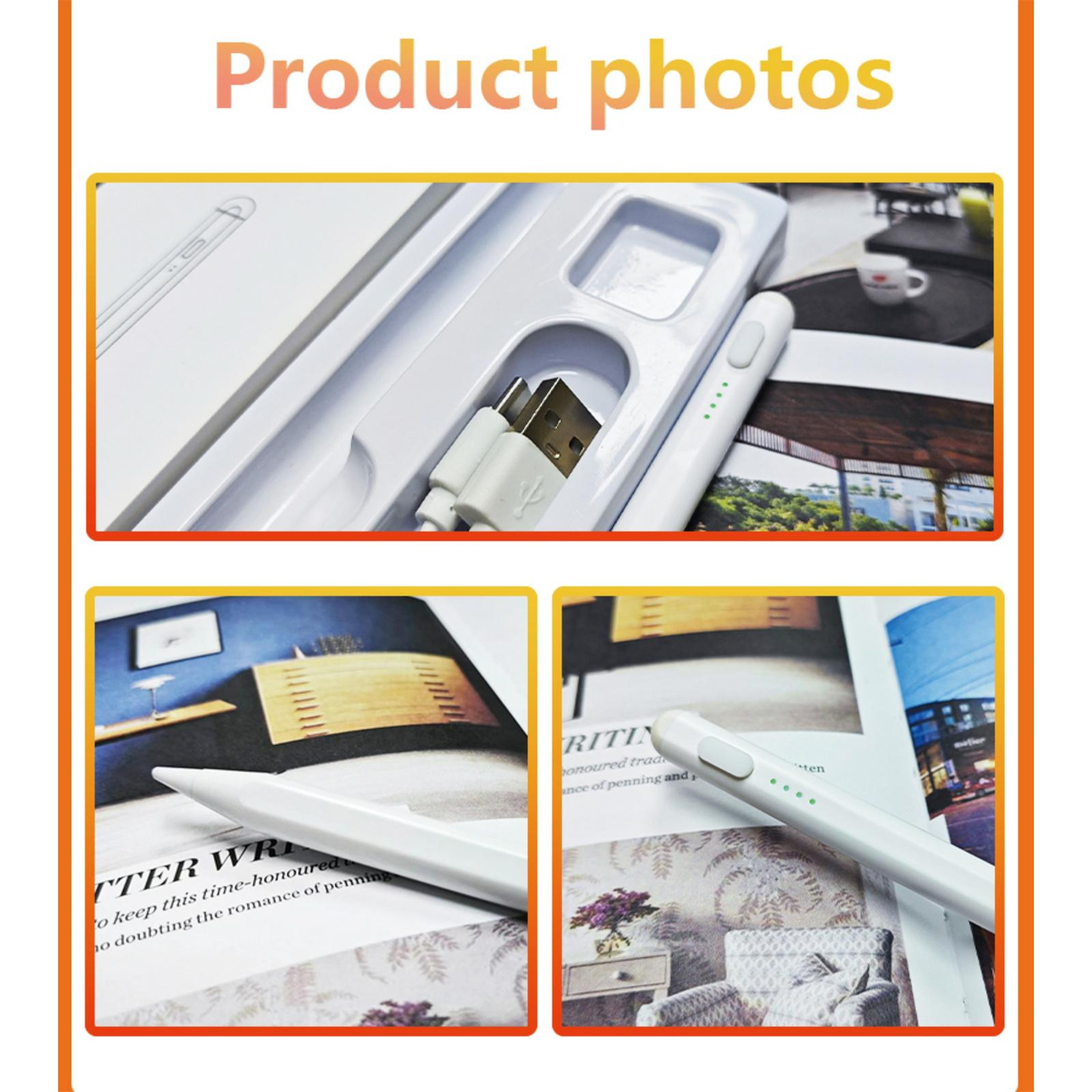 Produktfotos zeigen einen weißen Stift, ein USB-Kabel und einen Stift mit Leistungsanzeige. Der Hintergrund ist unscharf.
