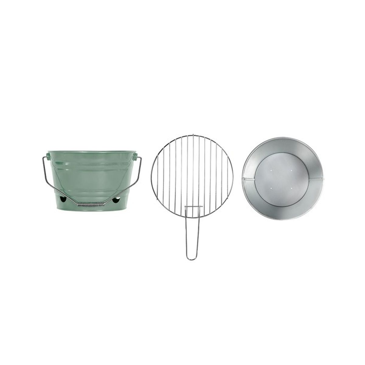 Ein grüner Eimergrill mit Griff, Grillrost und Deckel, alles isoliert auf weißem Hintergrund.
