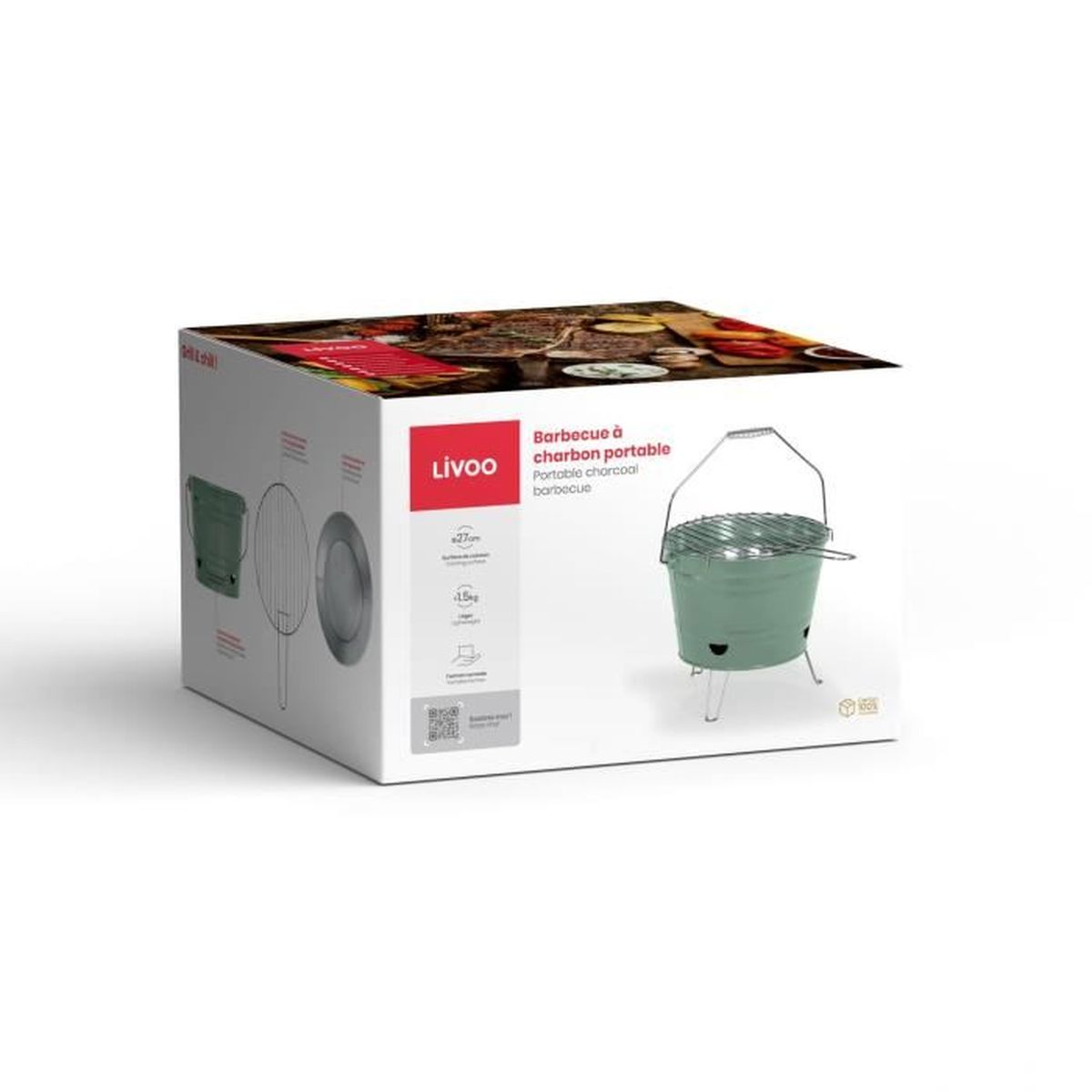 Eine Produktbox zeigt einen grünen Eimergrill, einen Grillrost, einen Deckel und Text. Die Box ist weiß mit roten und grünen Akzenten.