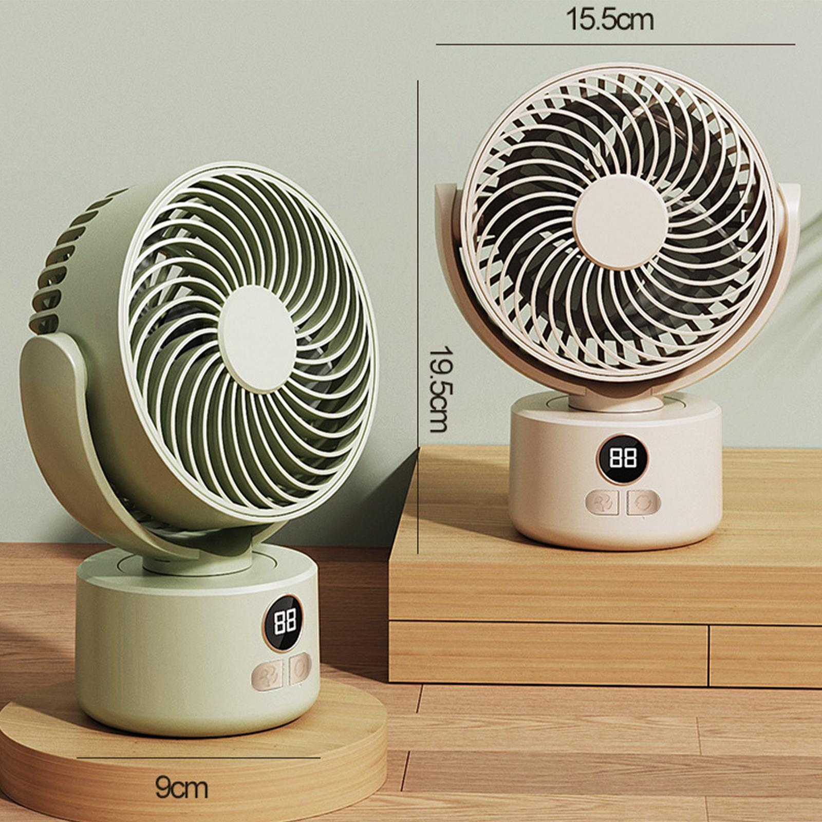 Zwei kleine Ventilatoren mit rundem Design, einer grün und einer beige, auf einer Holzoberfläche.