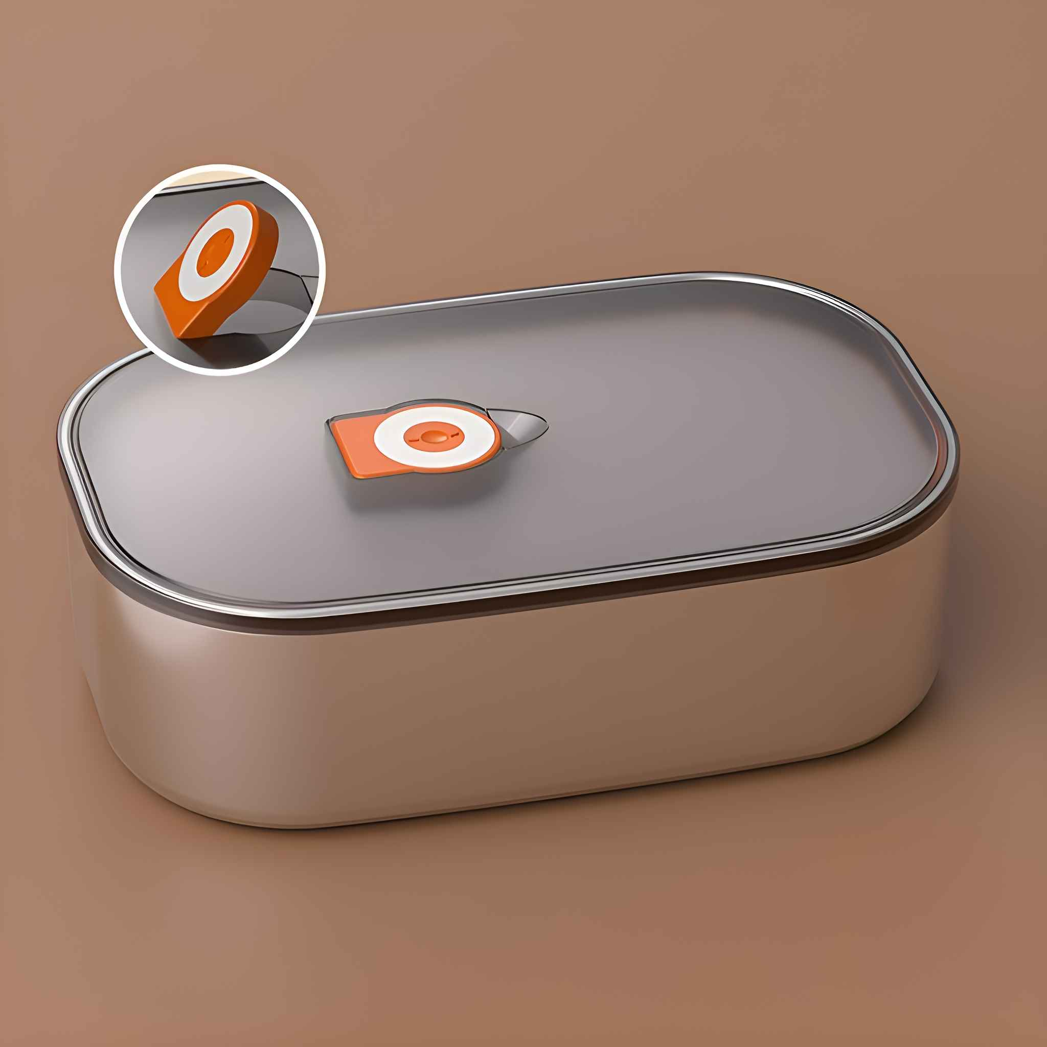 Eine metallische Brotdose mit Deckel, der einen orangefarbenen und weißen kreisförmigen Griff hat, auf braunem Hintergrund.