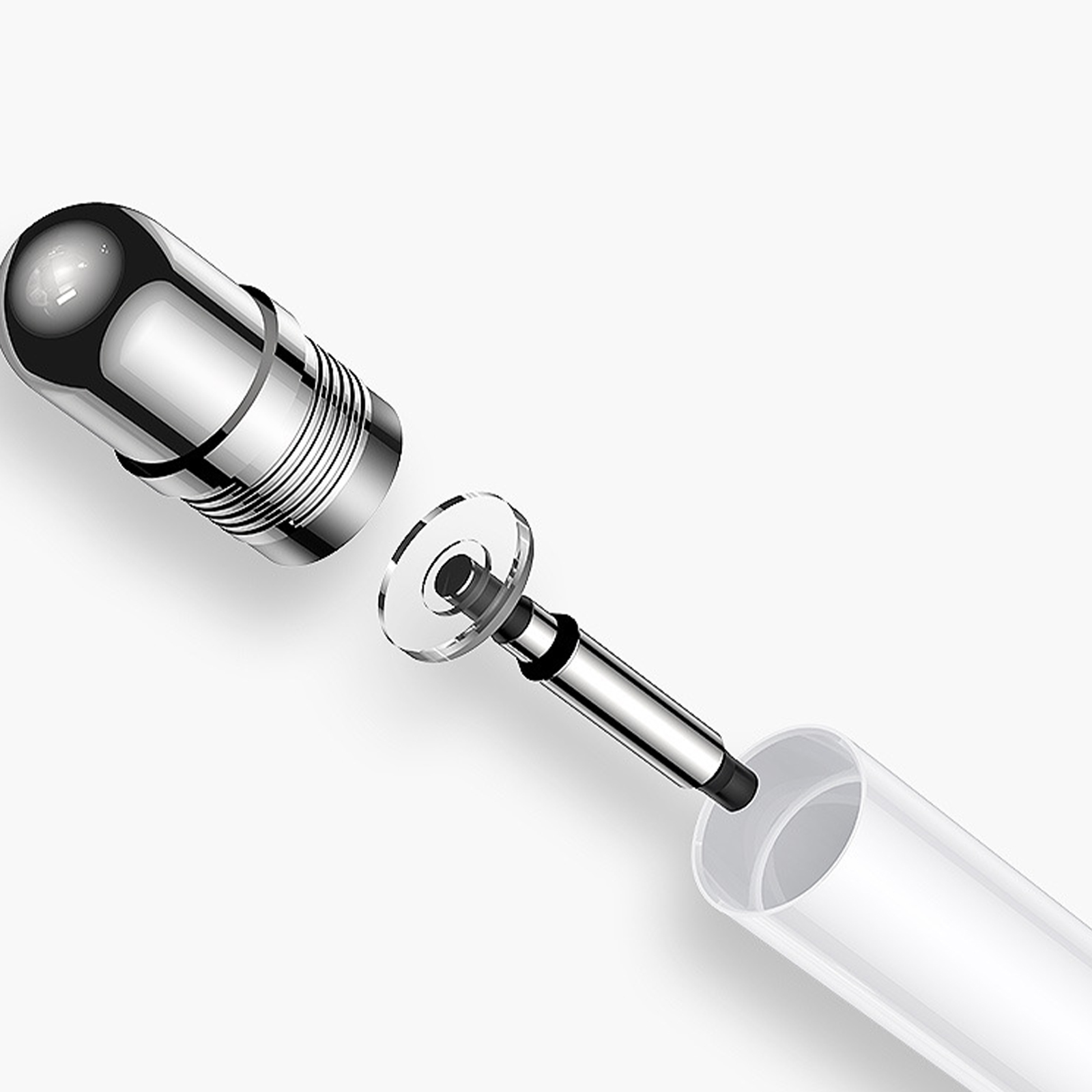 Ein metallischer Stift wird zerlegt gezeigt. Teile sind eine Spitze, ein Mittelteil und ein Schaft, alles auf Weiß.