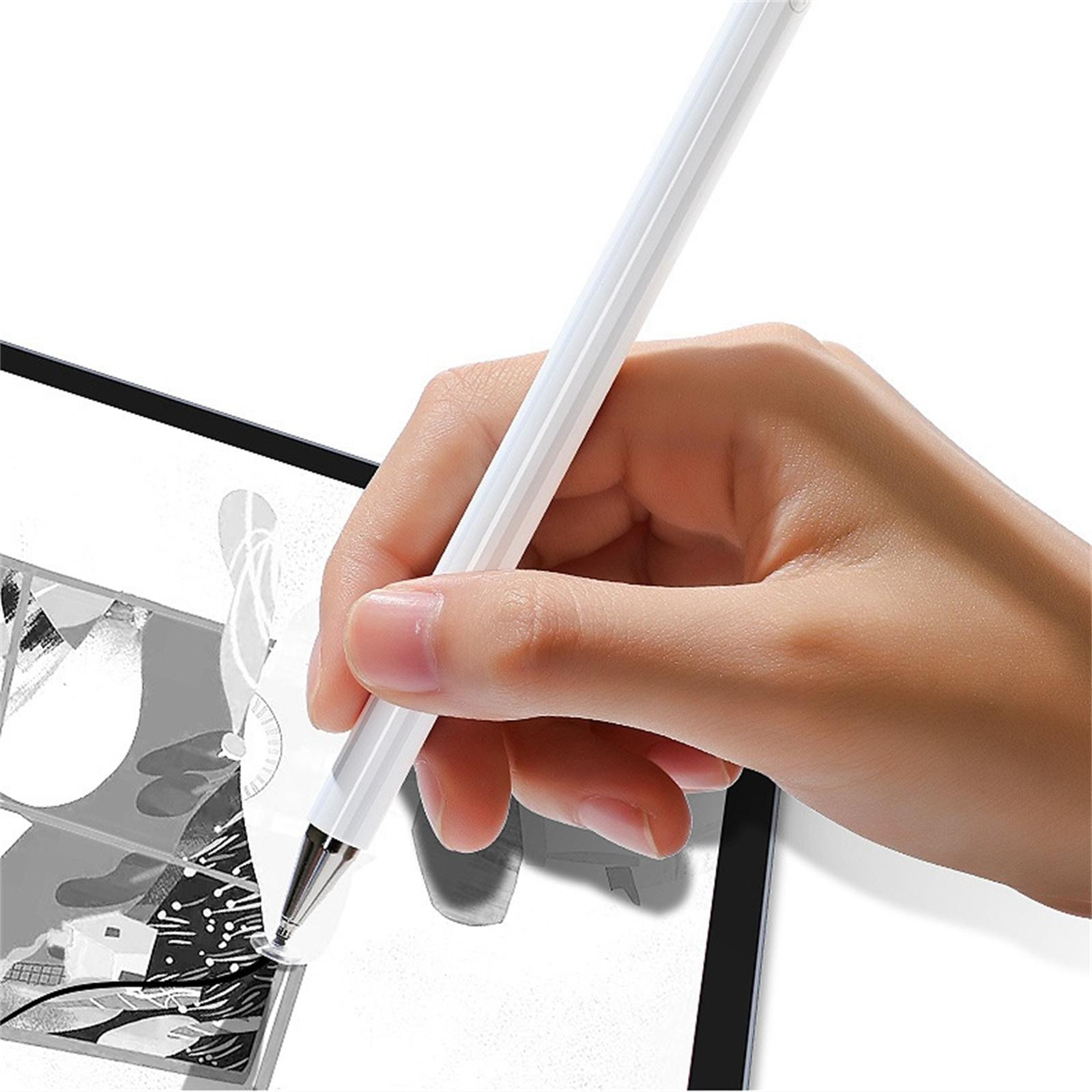 Eine Hand hält einen weißen Stift über einem Tablet, das eine Schwarz-Weiß-Zeichnung einer Stadtszene zeigt.