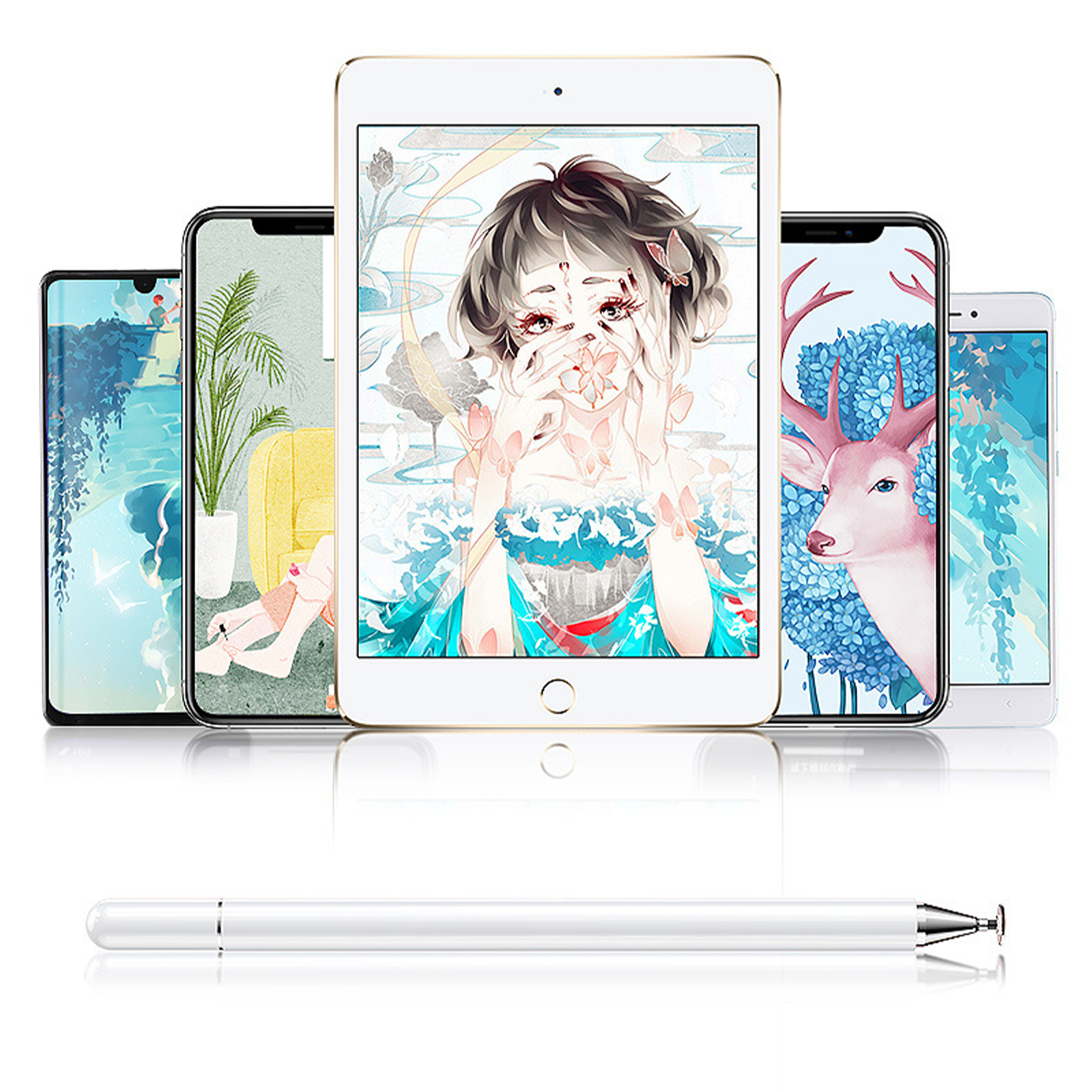 Ein weißer Eingabestift befindet sich unter mehreren Mobiltelefonen und Tablets, die jeweils unterschiedliche Bilder anzeigen.