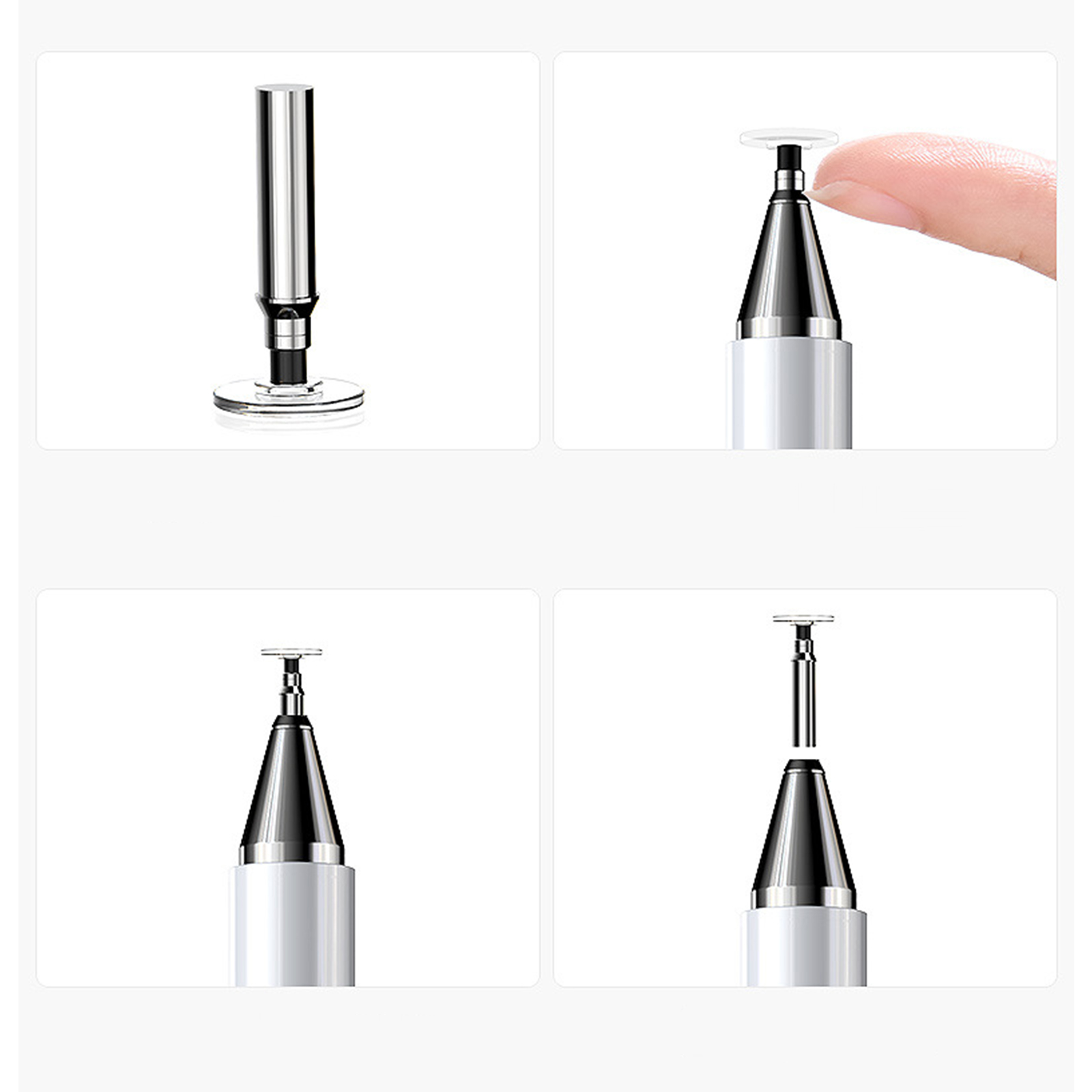 Vier Bilder zeigen einen Stift. Der Stift ist weiß, die Spitze silber. Die Spitze wird angedrückt.