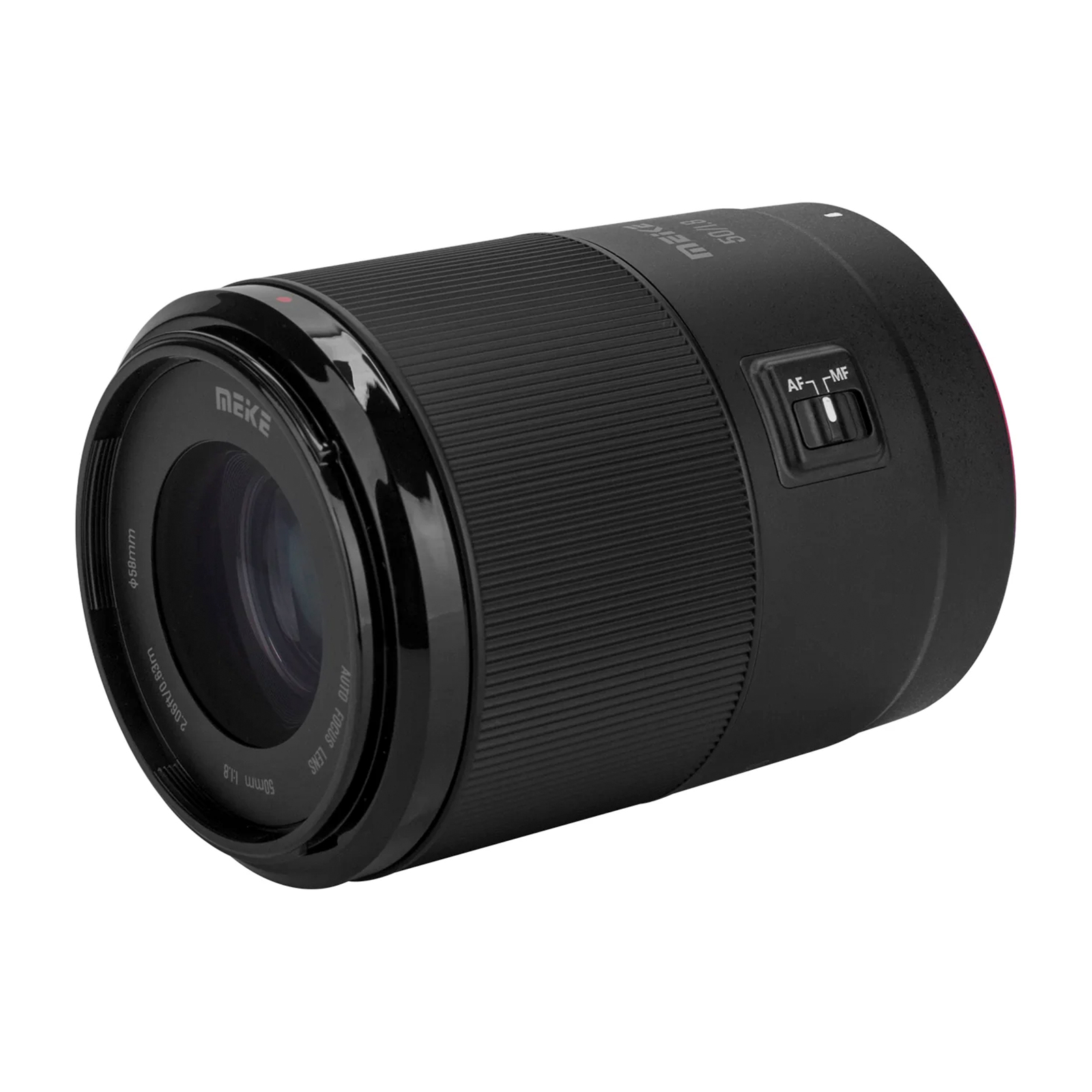 Ein schwarzes Kameraobjektiv mit Text MEIKE 50/1.8 und einem Schalter. Das Objektiv hat einen schwarzen Rand und eine 58mm Markierung.