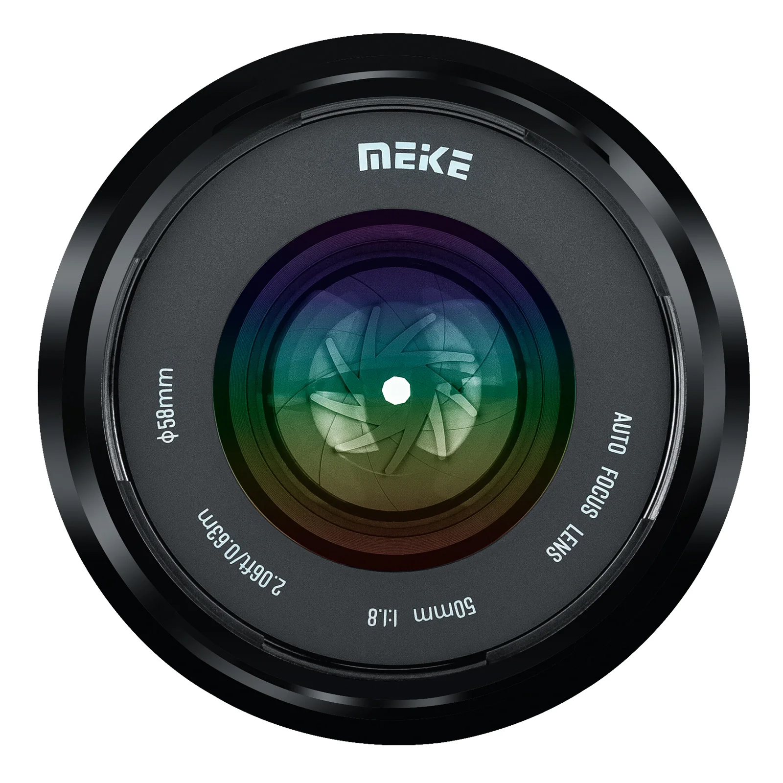 Nahaufnahme eines schwarzen Kameraobjektivs mit lila und blauem Innenraum. Es zeigt 'MEIKE' und 'AUTO FOCUS LENS'.