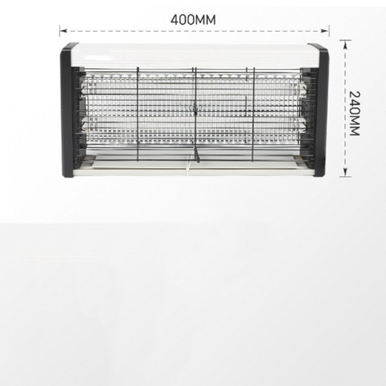 Ein weißer und schwarzer Insektenvernichter mit beschrifteten Abmessungen. Die Abmessungen lauten 400 mm und 240 mm. Der Hintergrund ist weiß.