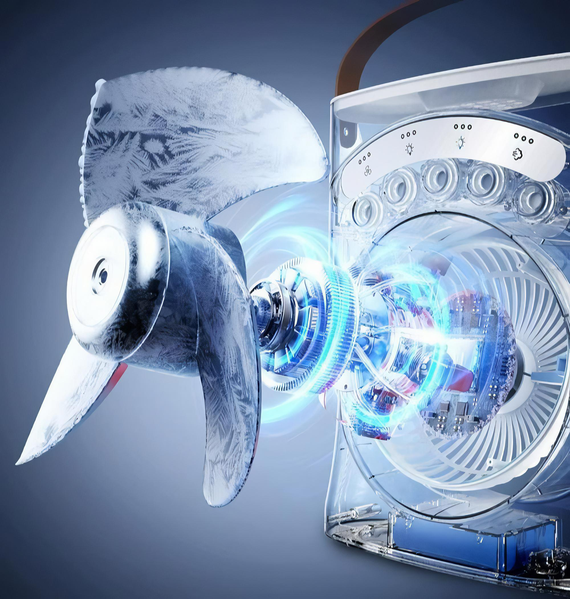 Eine Illustration, die das Innere eines Ventilators mit seinen internen Komponenten zeigt. Ein Propeller und ein transparentes Gehäuse sind sichtbar.