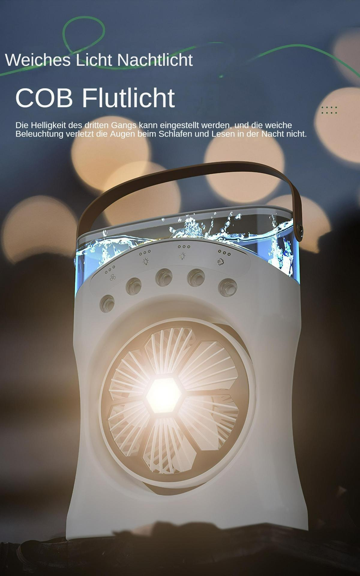 Ein weißer, zylindrischer Ventilator mit Griff. Er hat einen transparenten Wassertank und ein helles Licht in der Mitte.