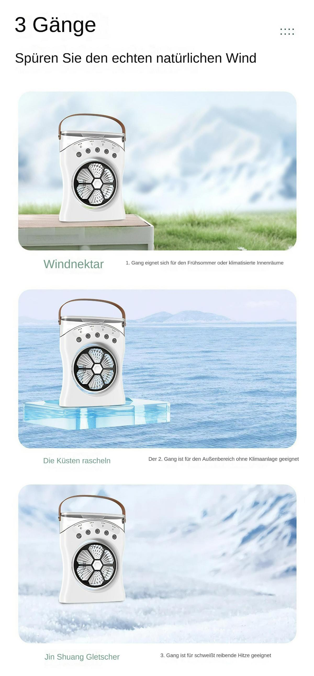 Drei Bilder, die den Ventilator in verschiedenen Umgebungen zeigen: auf einer Bank, auf einer Wasseroberfläche und in Schnee.