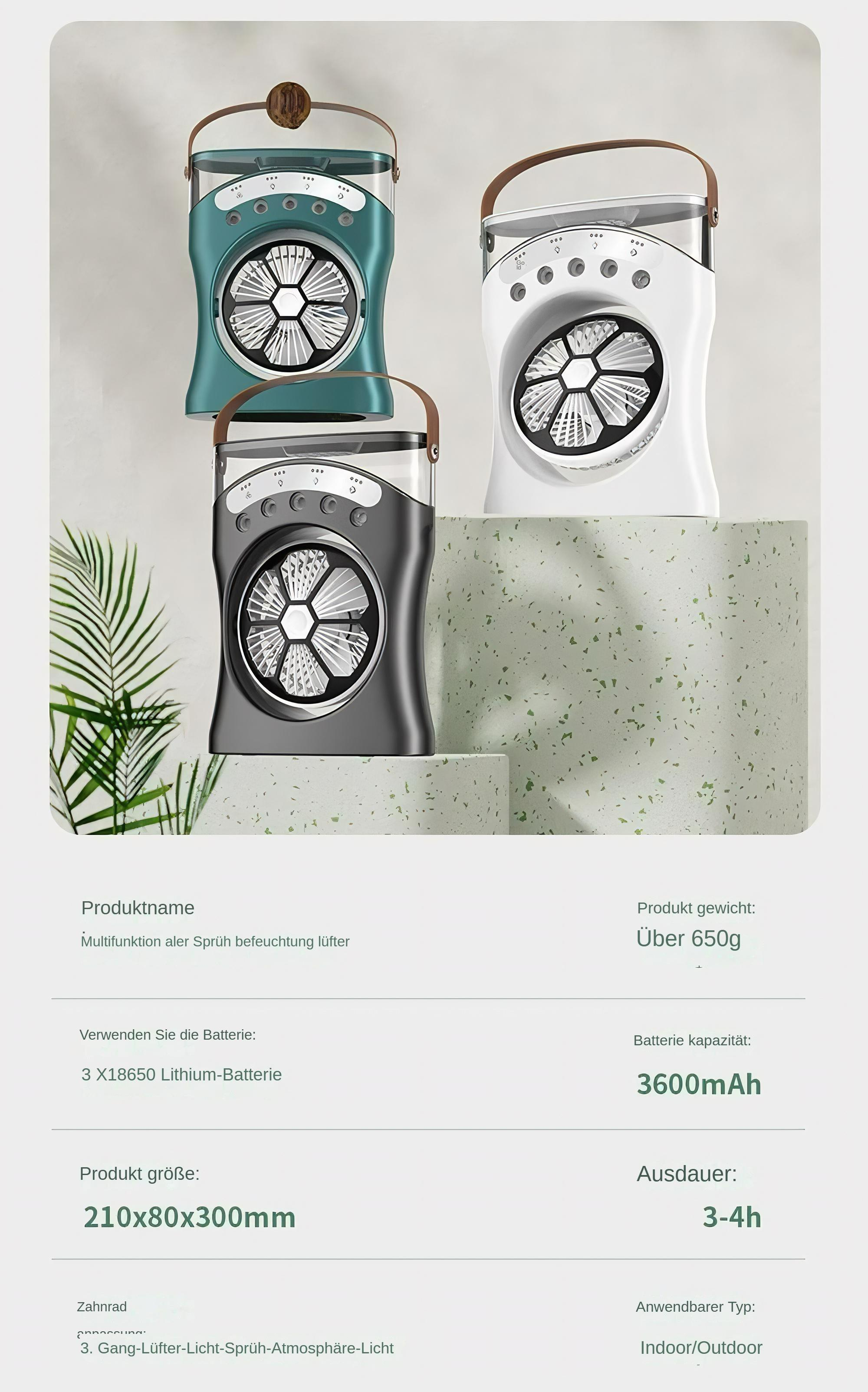 Drei Ventilatoren in verschiedenen Farben: türkis, weiß und schwarz. Alle haben das gleiche Design mit einem Griff.