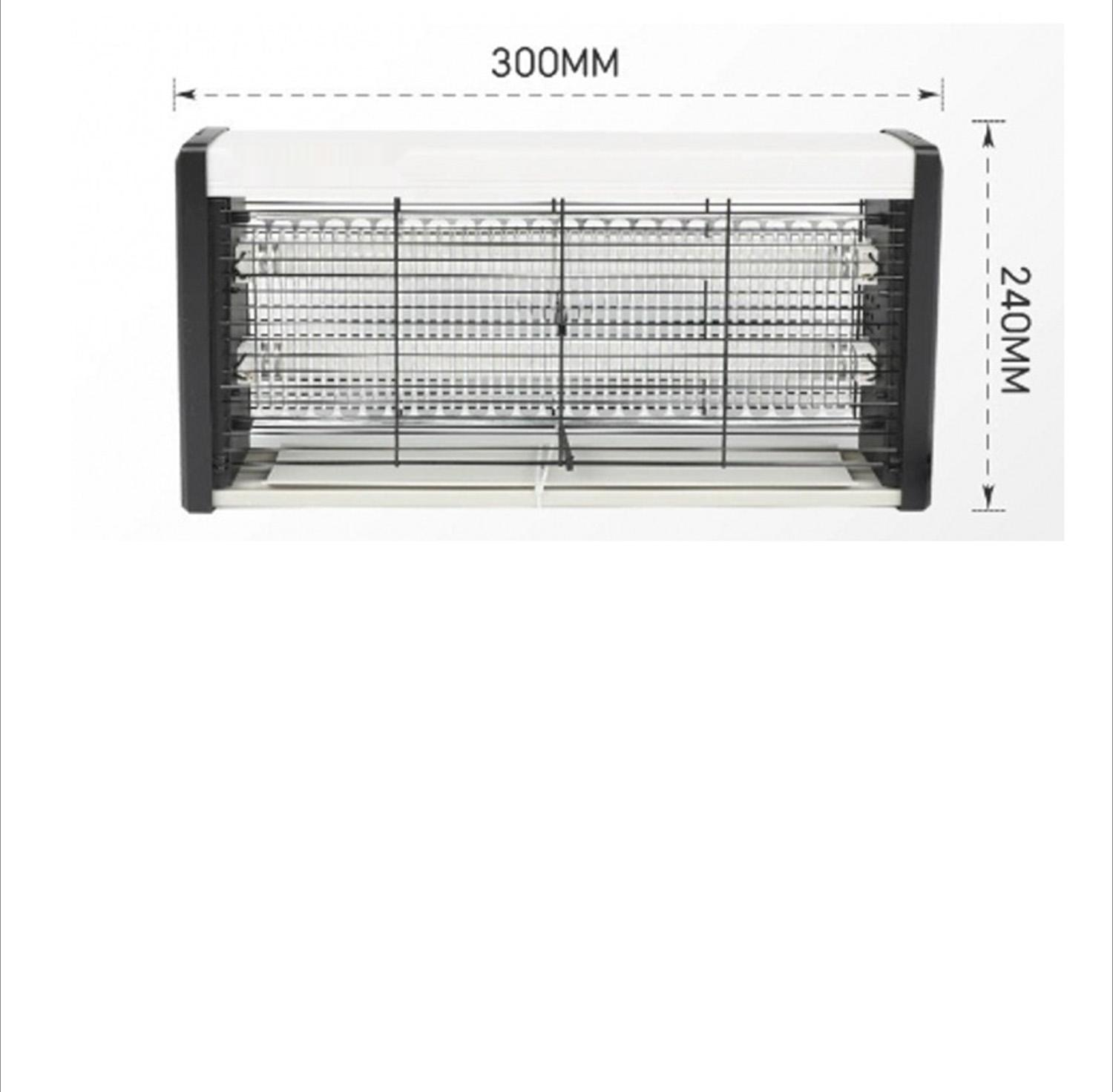 Rechteckiger elektronischer Insektenvernichter, schwarz und weiß, mit Maßangaben: 300 mm x 240 mm.