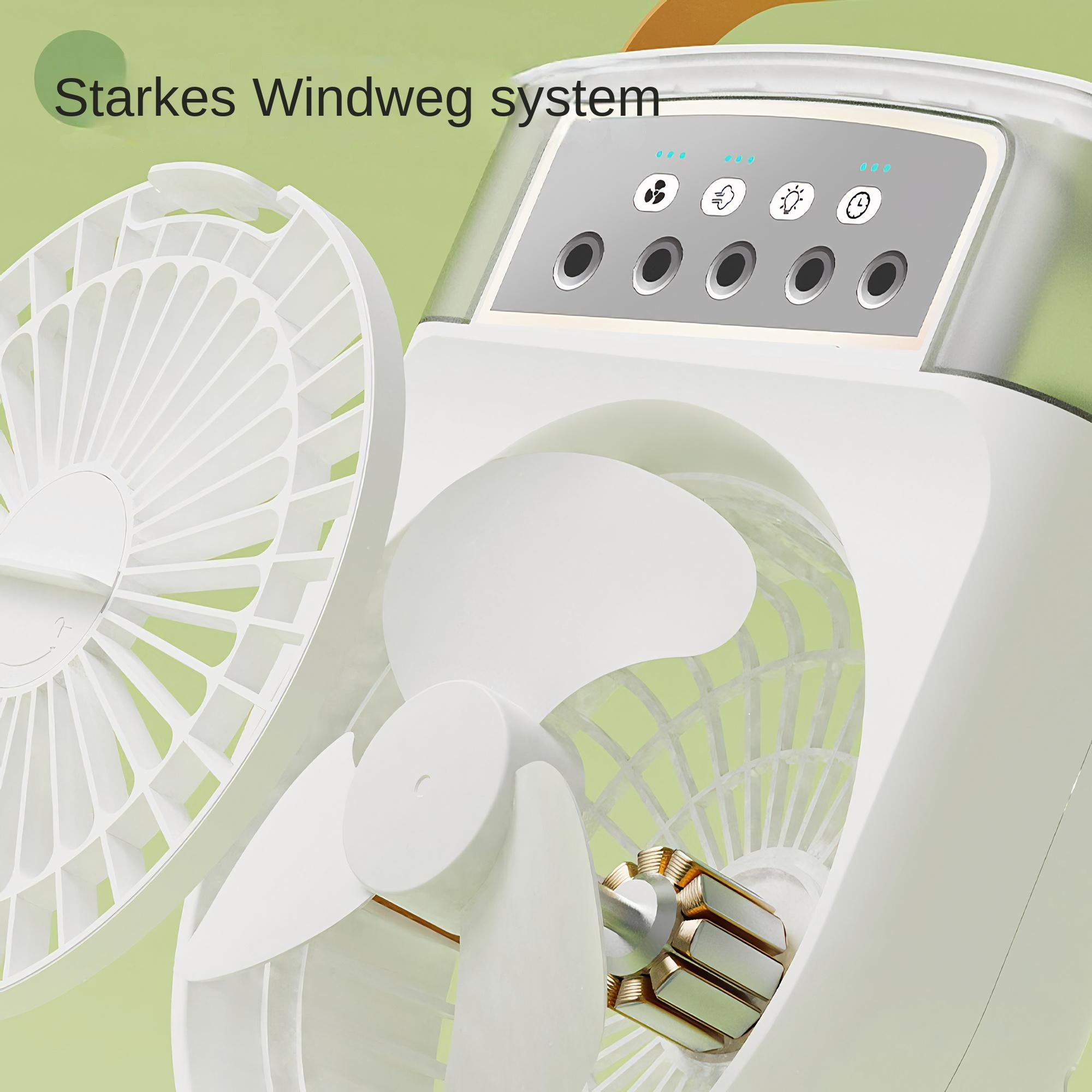 Ein offener weißer Ventilator mit Details des Bedienfelds, vor einem hellgrünen Hintergrund.