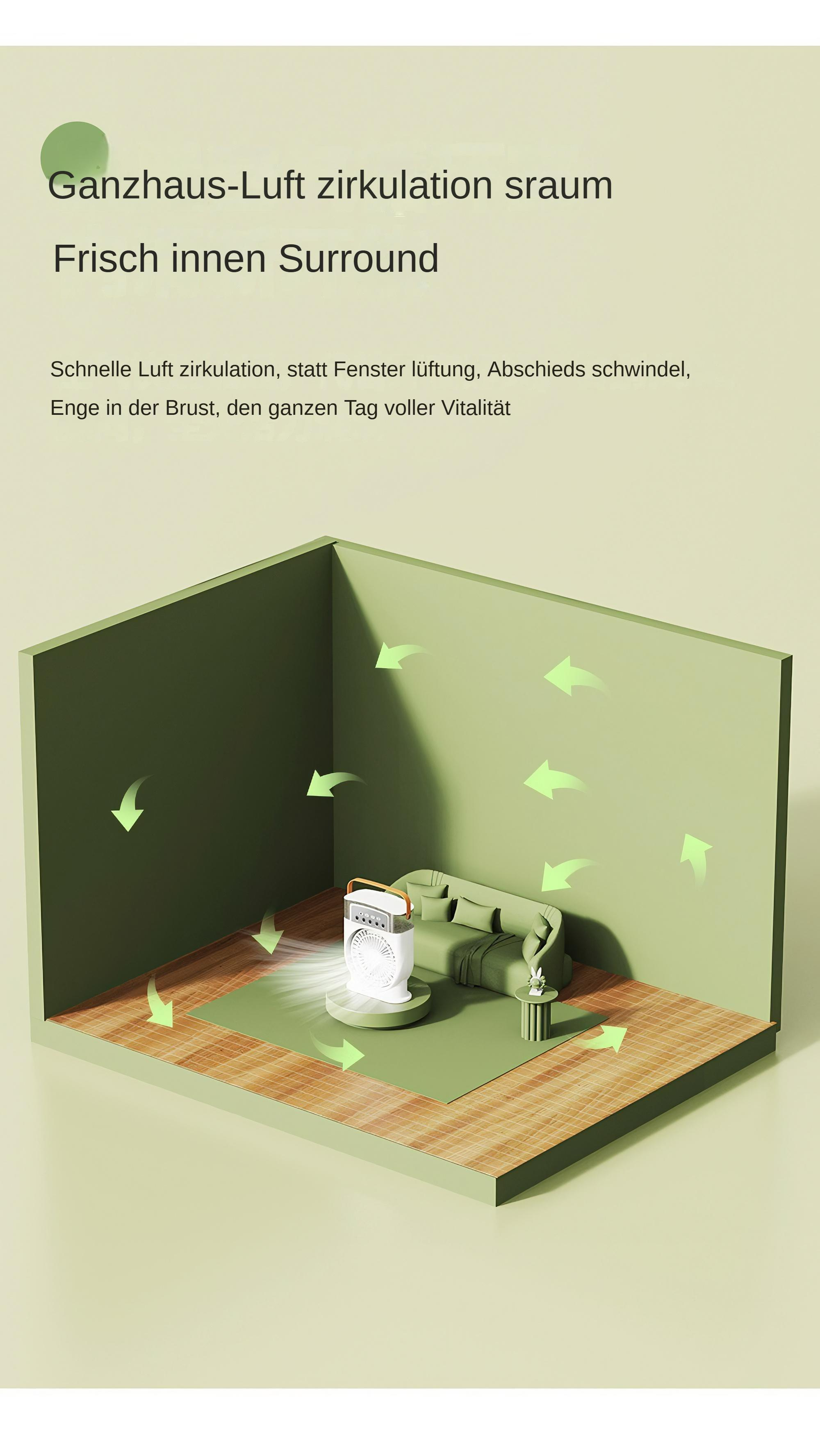 Ein kleiner Raum mit einem fächerförmigen Gerät auf dem Boden. Grüne Pfeile zeigen die Luftzirkulation.