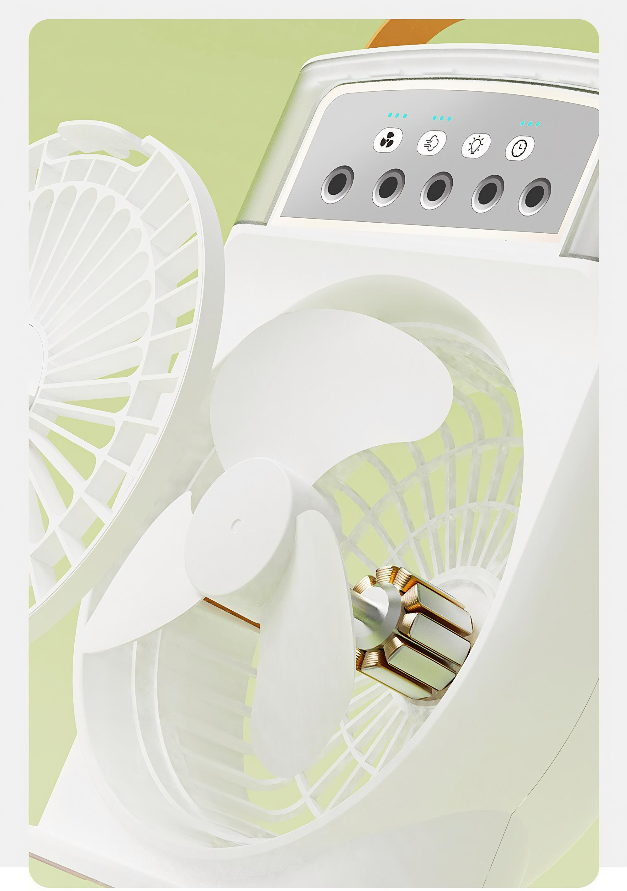 Ein geöffneter weißer Ventilator, der die Flügel und den Motor zeigt. Der Ventilator ist weiß, mit braunem Griff.