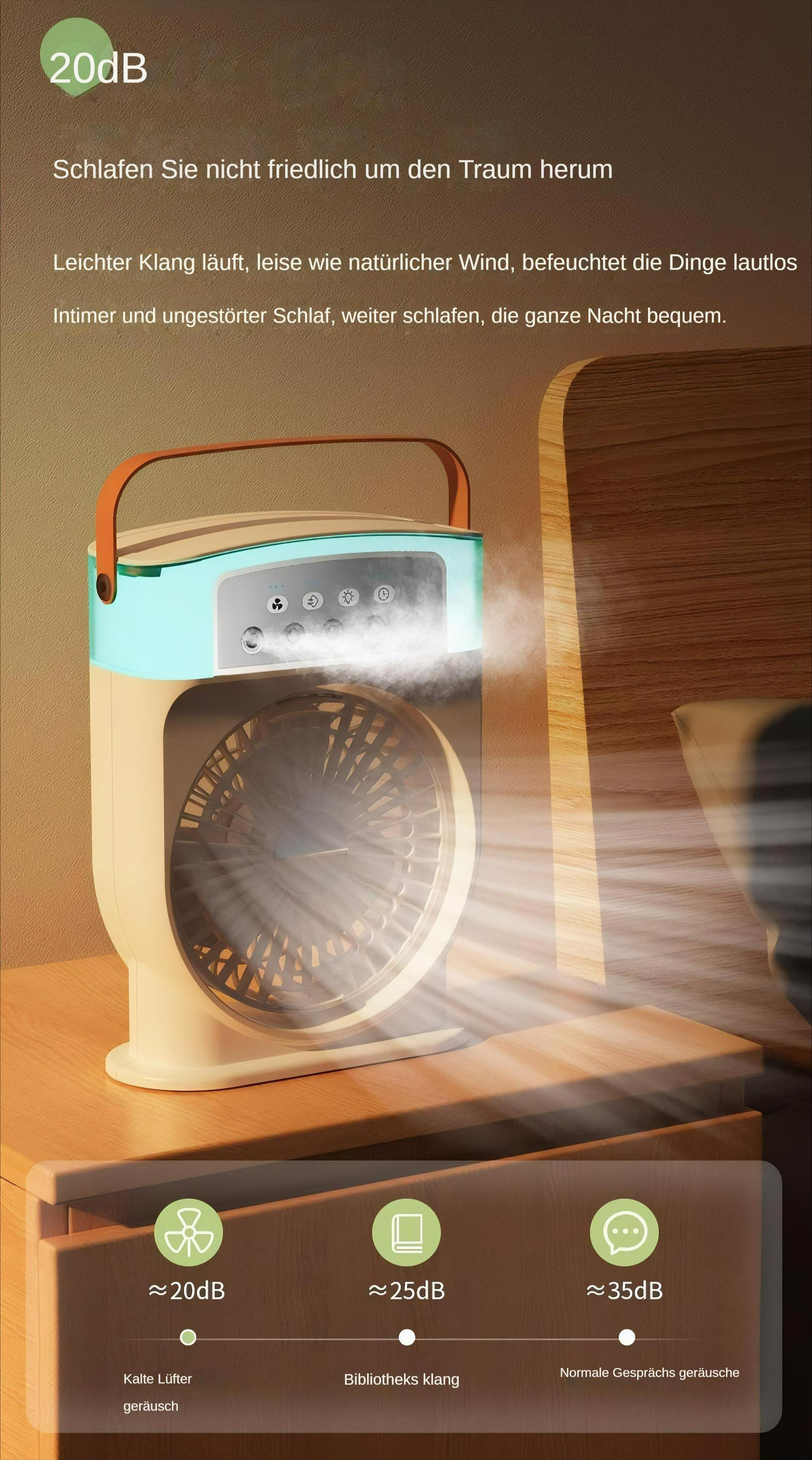 Ein Ventilator auf einem Nachttisch mit Schallpegelanzeigen. Er hat einen hellblauen Griff.