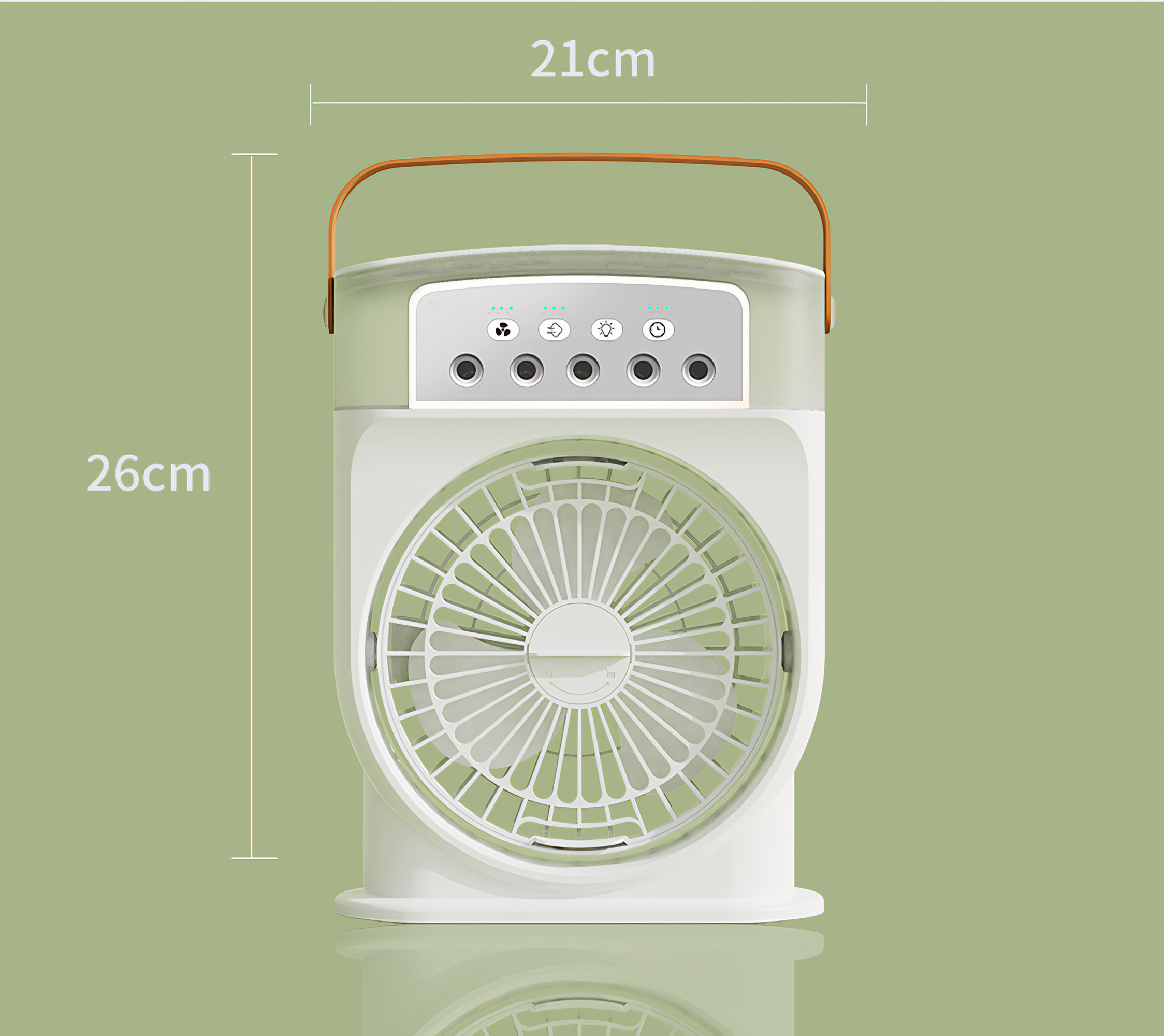Ein weißer Ventilator mit Griff. Abmessungen werden gezeigt. Er hat Knöpfe und ein Schutzgitter.