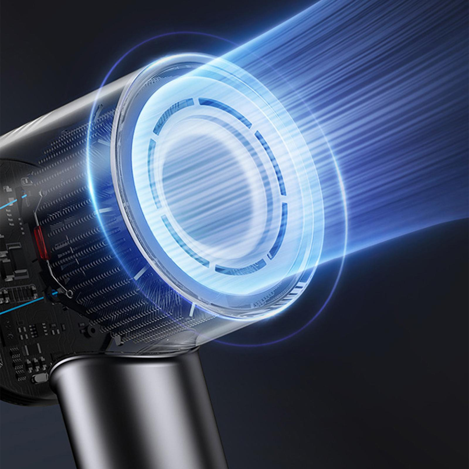 Ein transparenter Haartrockner, wobei der Luftstrom hervorgehoben wird. Die inneren Funktionen sind sichtbar.