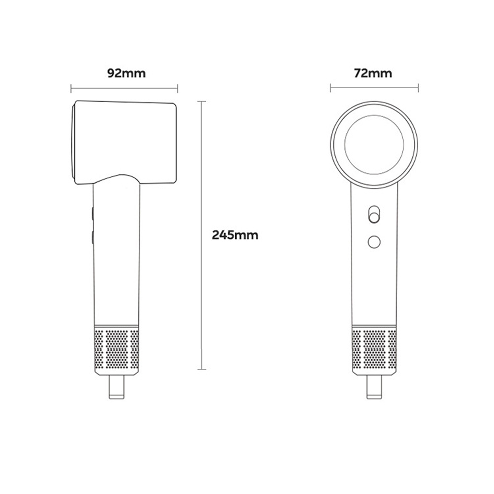 Diagramm eines Haartrockners. Zeigt Vorder- und Seitenansicht mit den Abmessungen: 92 mm x 245 mm x 72 mm. Weißer Hintergrund.