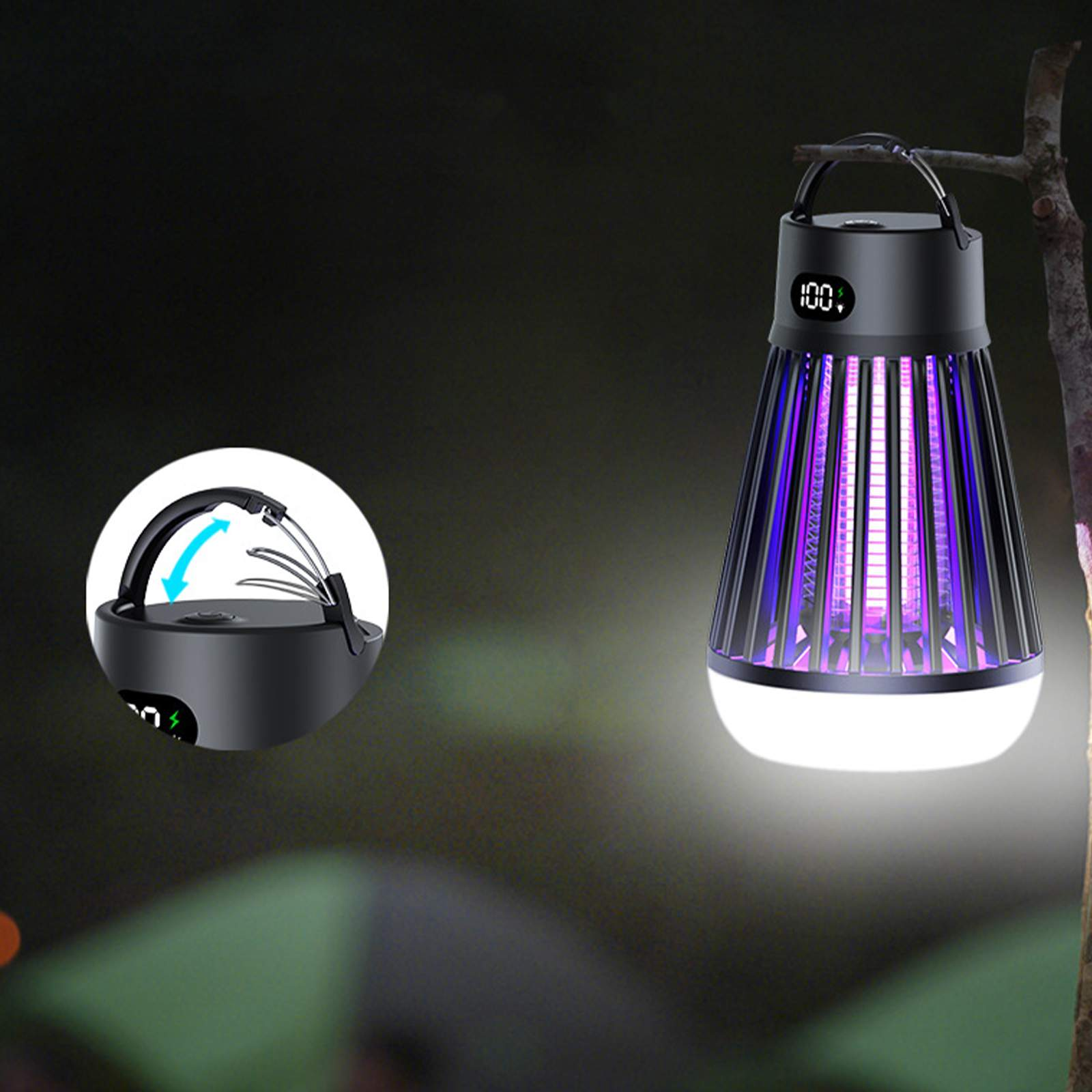 Insektenvernichter hängt an einem Ast. Er hat eine Digitalanzeige und gibt ein violettes Licht ab. Dunkler Hintergrund.