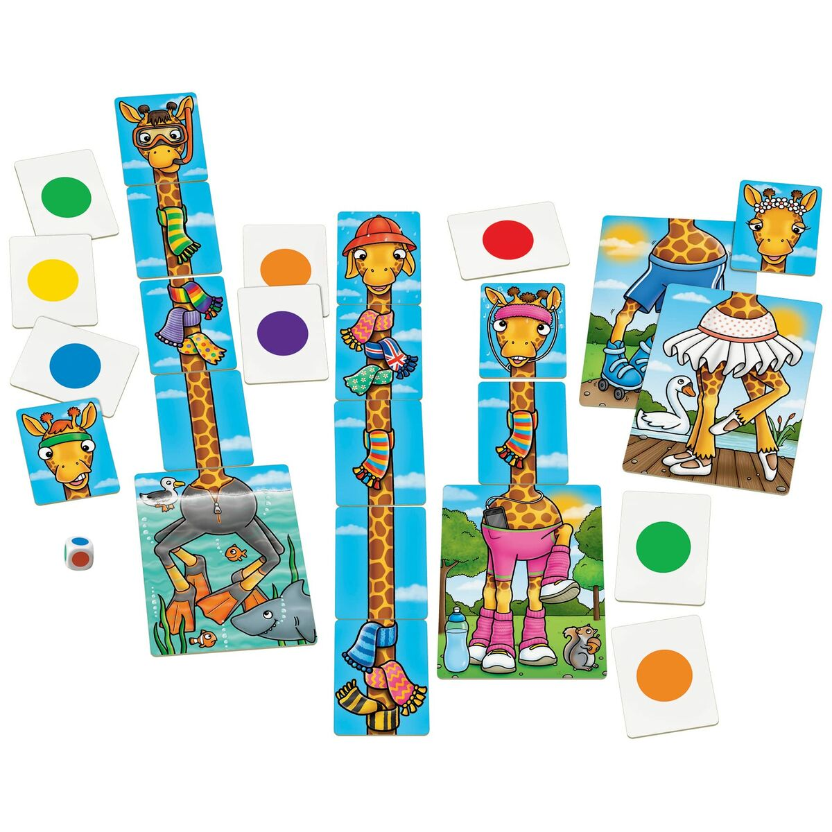Gioco di carte a tema giraffa con vari personaggi giraffa. Carte con cerchi colorati e un dado.