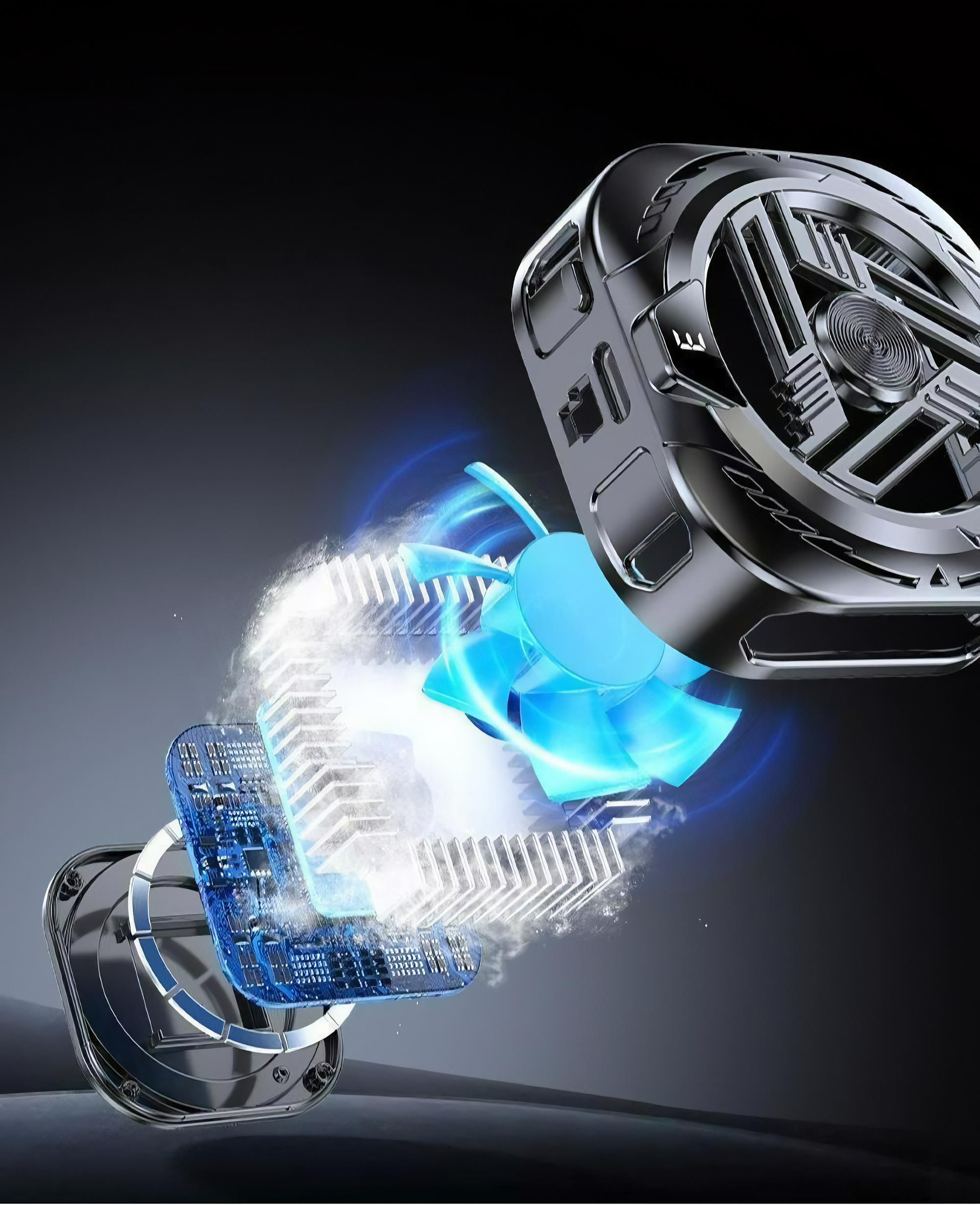 Telefonkühler mit Lüfter, interne Struktur sichtbar. Blauer Lüfter und weiße Wärmeableitungselemente gezeigt.