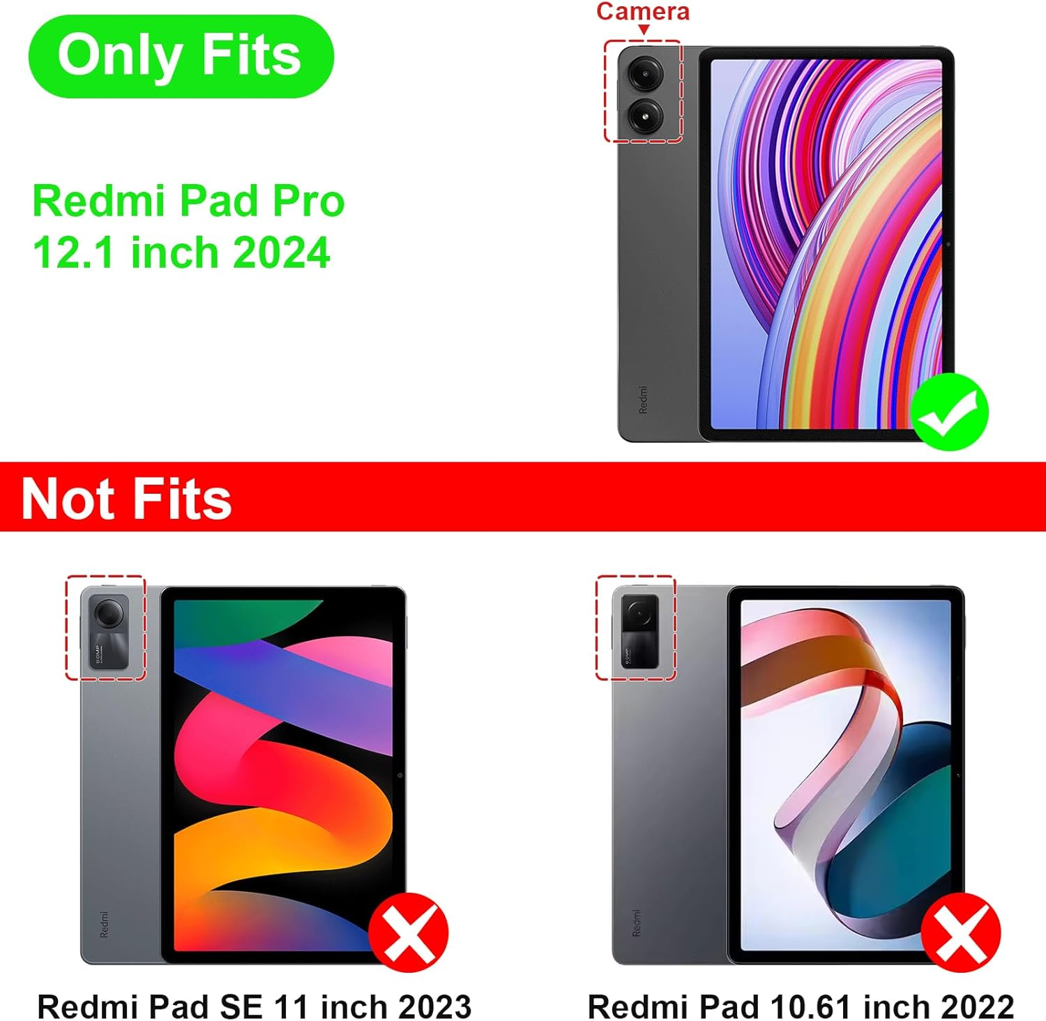 Vergleich von Tablethüllen, der Kompatibilität zeigt. Passt nur für Redmi Pad Pro 12.1 Zoll, nicht für andere.