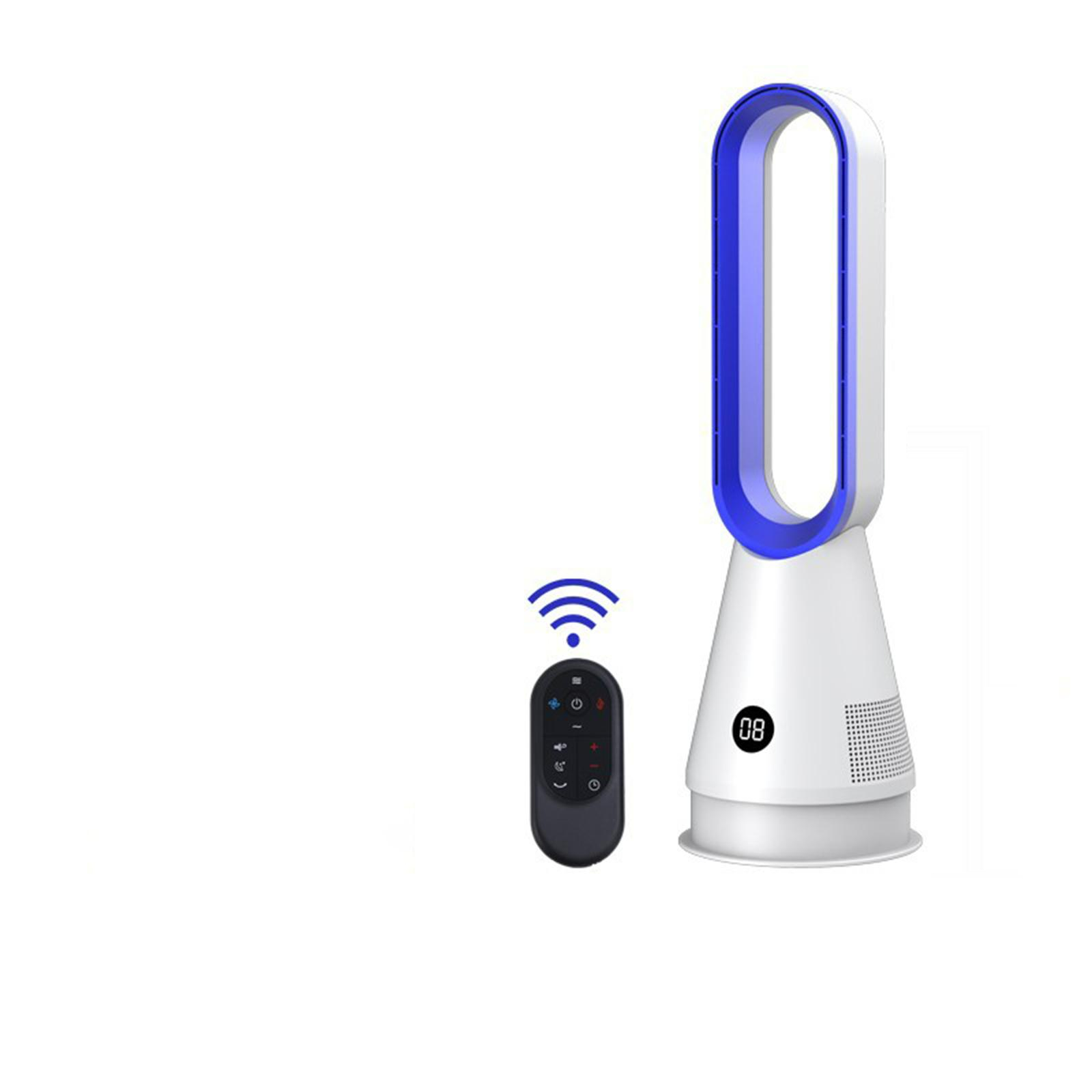 Weiß-blauer Turmventilator mit Fernbedienung. Der Ventilator hat eine ovale Form und eine Digitalanzeige.